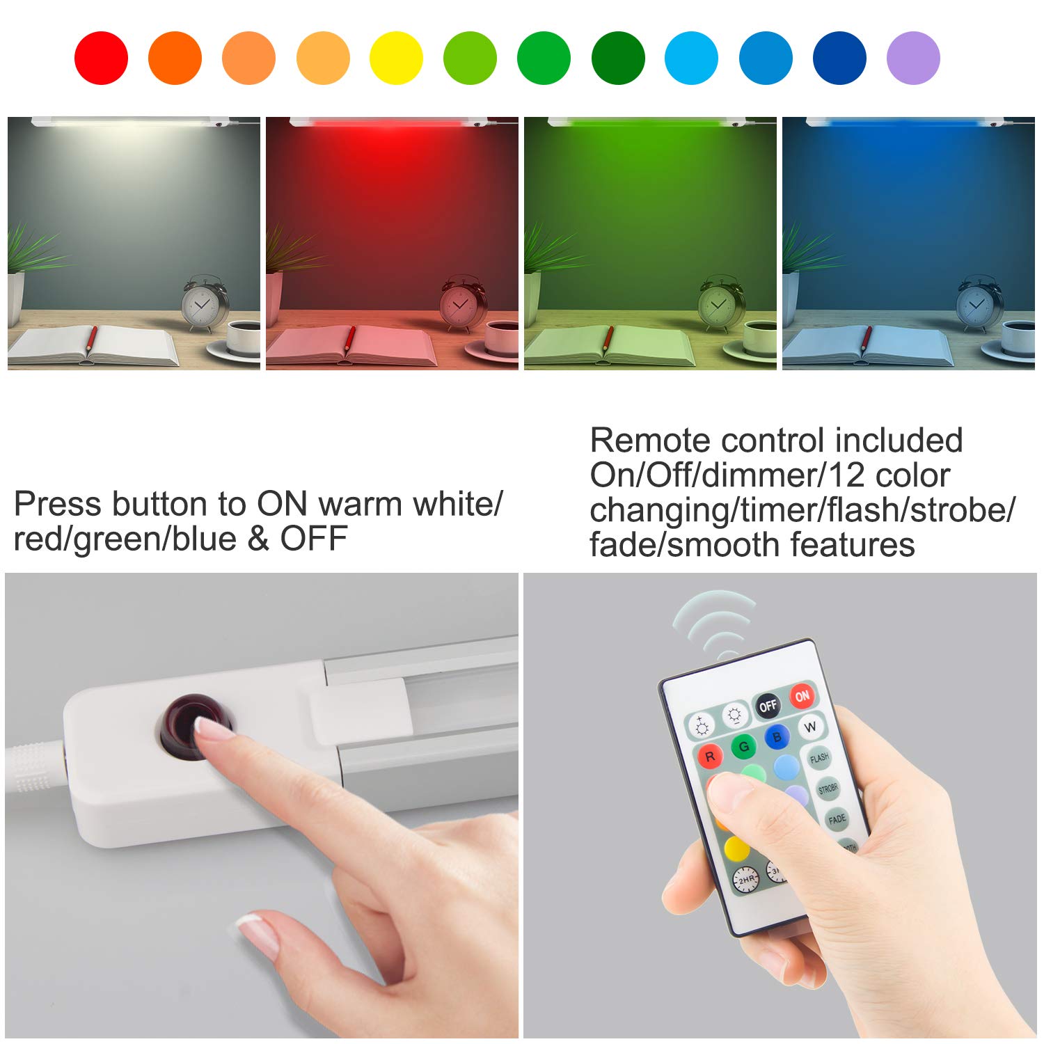 Luxsway Led Rgb Strip Light, 18 Inch Color Changing Under Cabinet Lighting, Remote Control, Plastic, Model Dy103Ir-12C