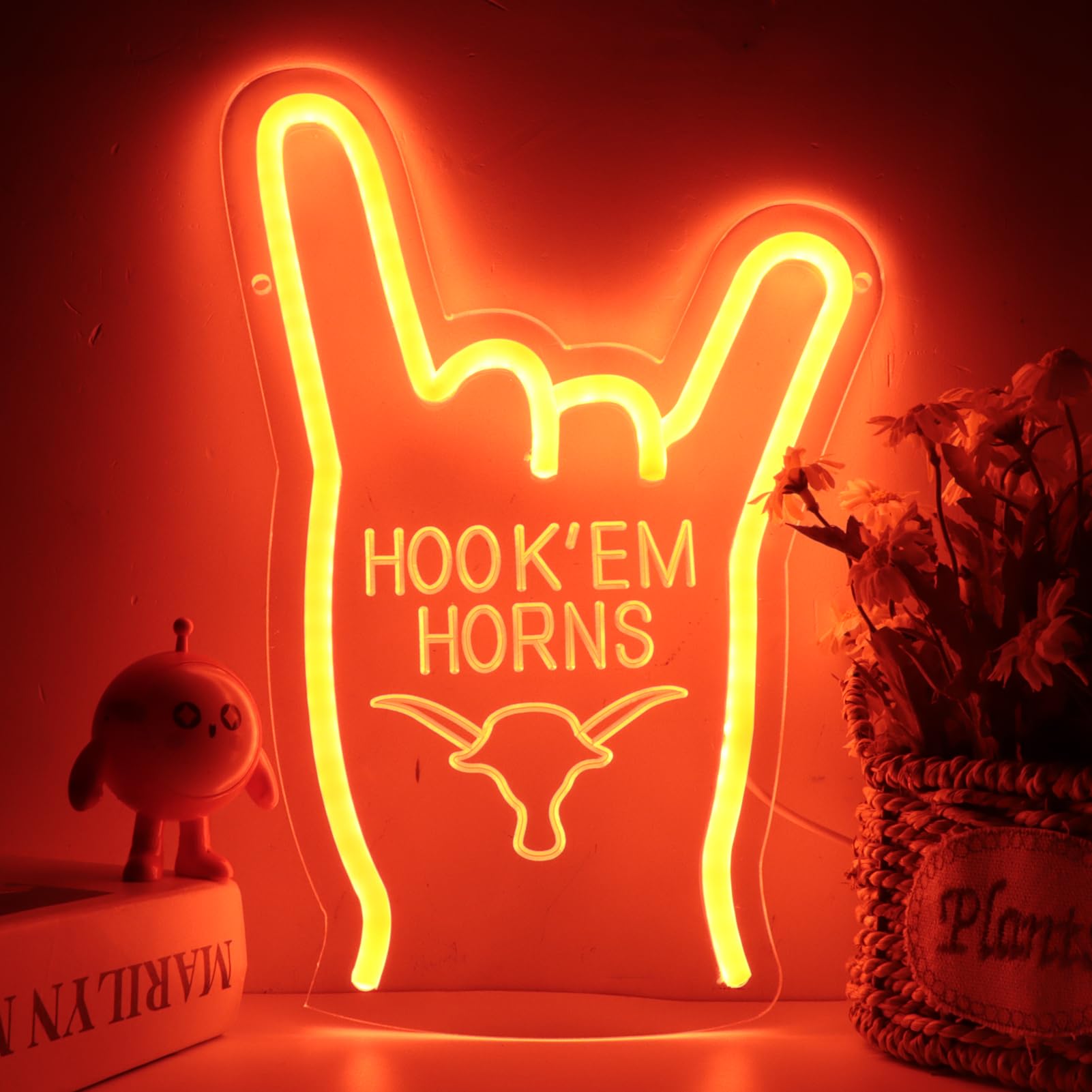 Pinlangdou Hook Em Horns Neon Sign TEXAS Neon Light for Wall Decor, Dimmable Hand Gesture Neon Rock Neon Light for Man Cave Room
