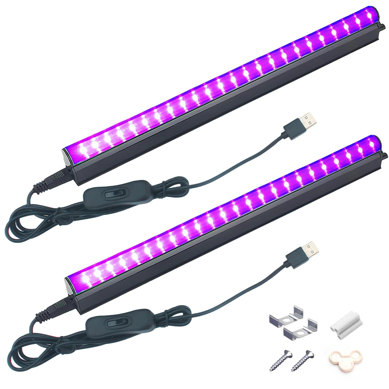 BOSITE 10W T5 Blacklight Bar, 2 Pack UV LED Tube, 395-400nm, USB+Switch, 1ft, Black