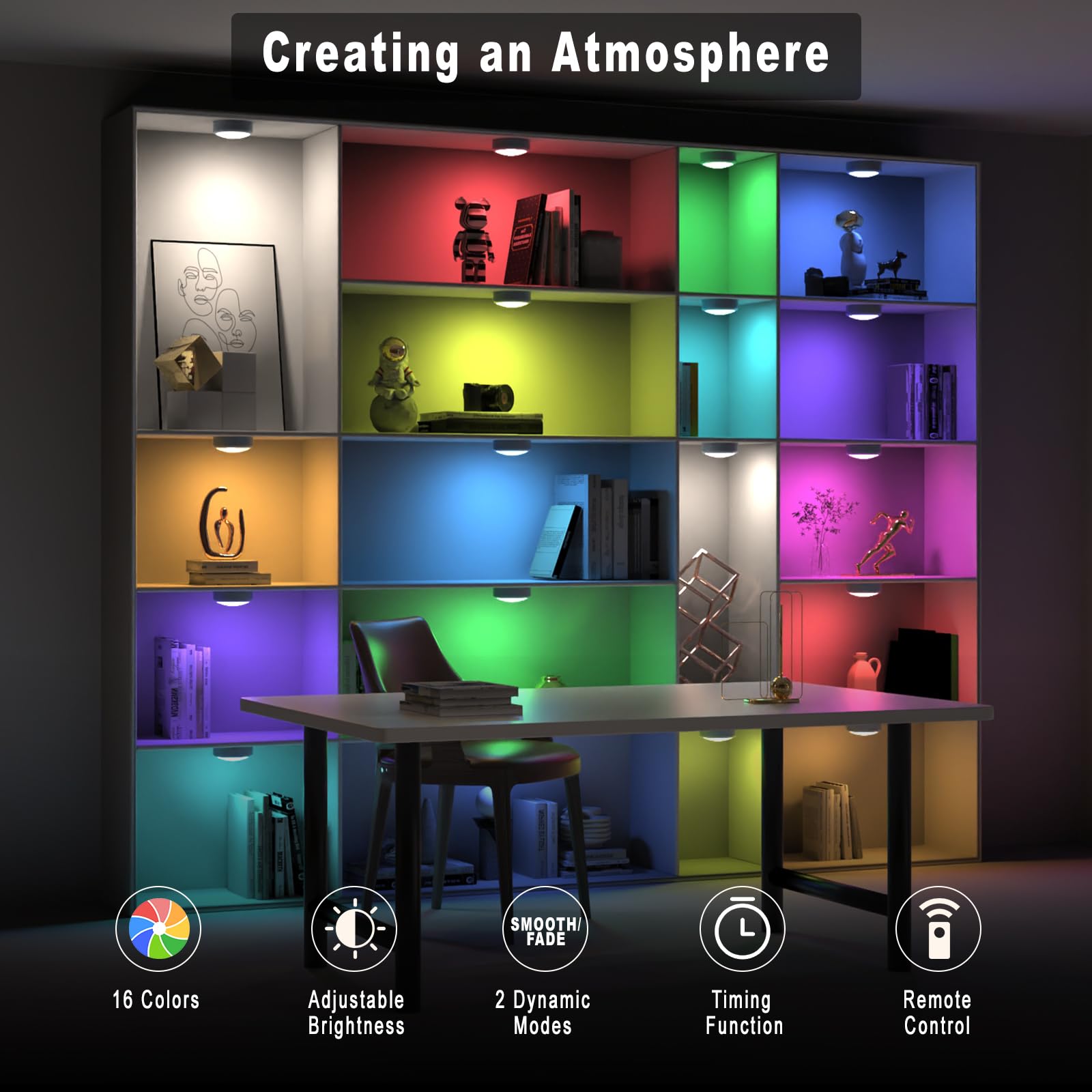 HELPLEX LED Puck Lights, 6 Pack RGBW Color Changing, Dimmable, Battery Powered, 3 inches, Blue, Model HELPLEX