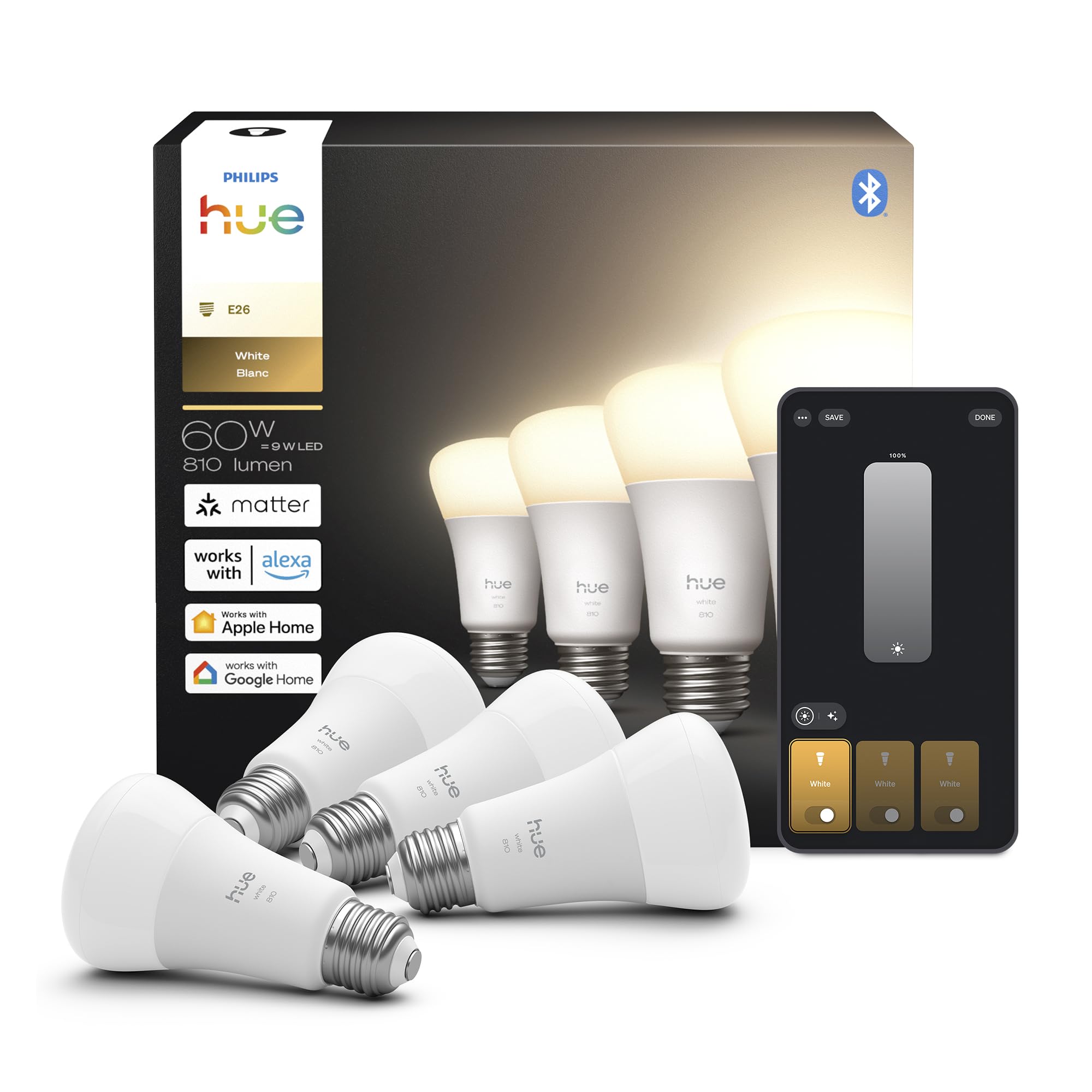 Philips Hue Smart LED A19 Bulb 4-Pack  Warm White Light 2700K  E26 Base  9W  810 Lumens  Dimmable  Works with Alexa  Google Assistant  and Apple Home
