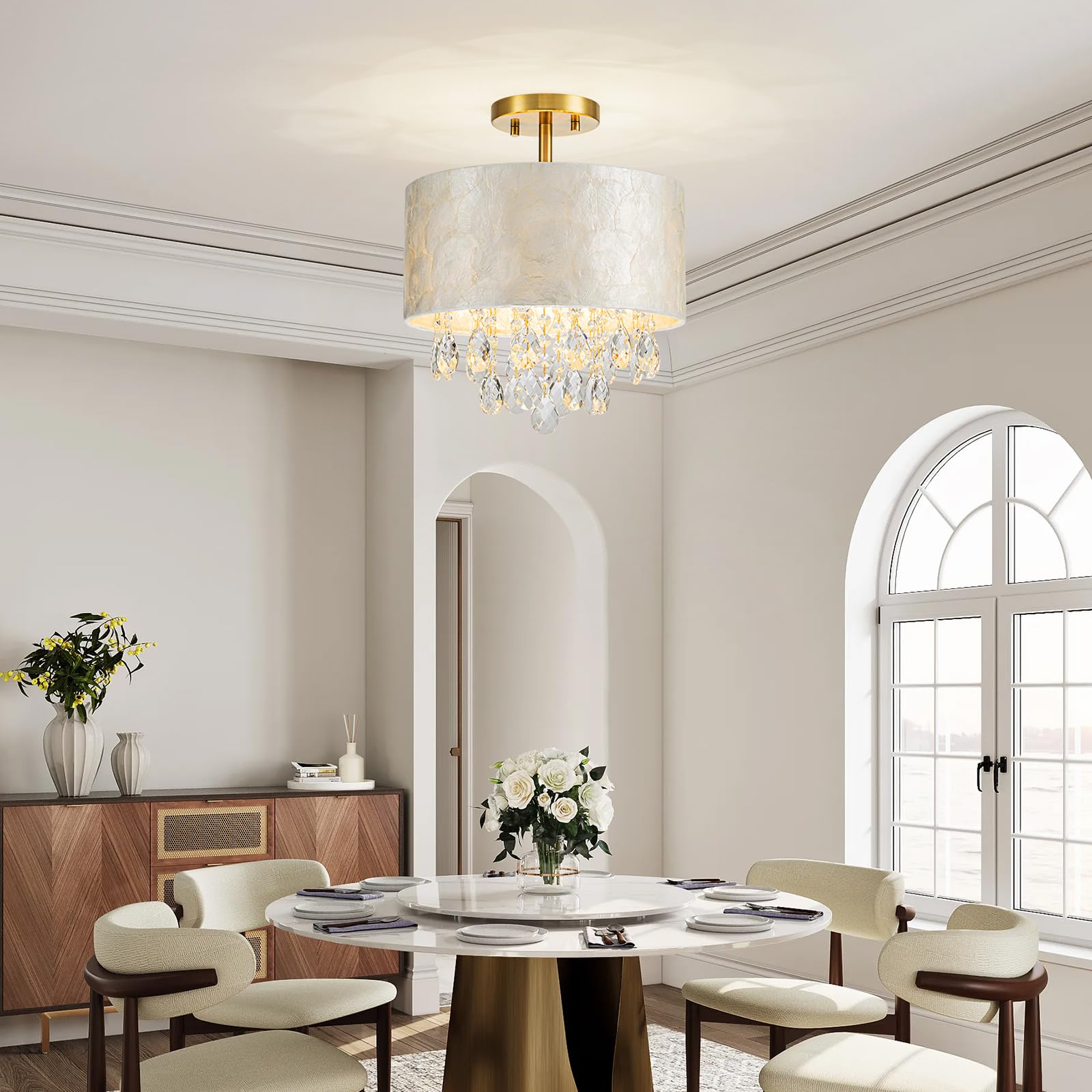 Lumfurn 3-Lights Capiz Shell Crystal Ceiling Light, Coastal Design Flushmount Drum Light Fixture For Dining Room, Living Room, B