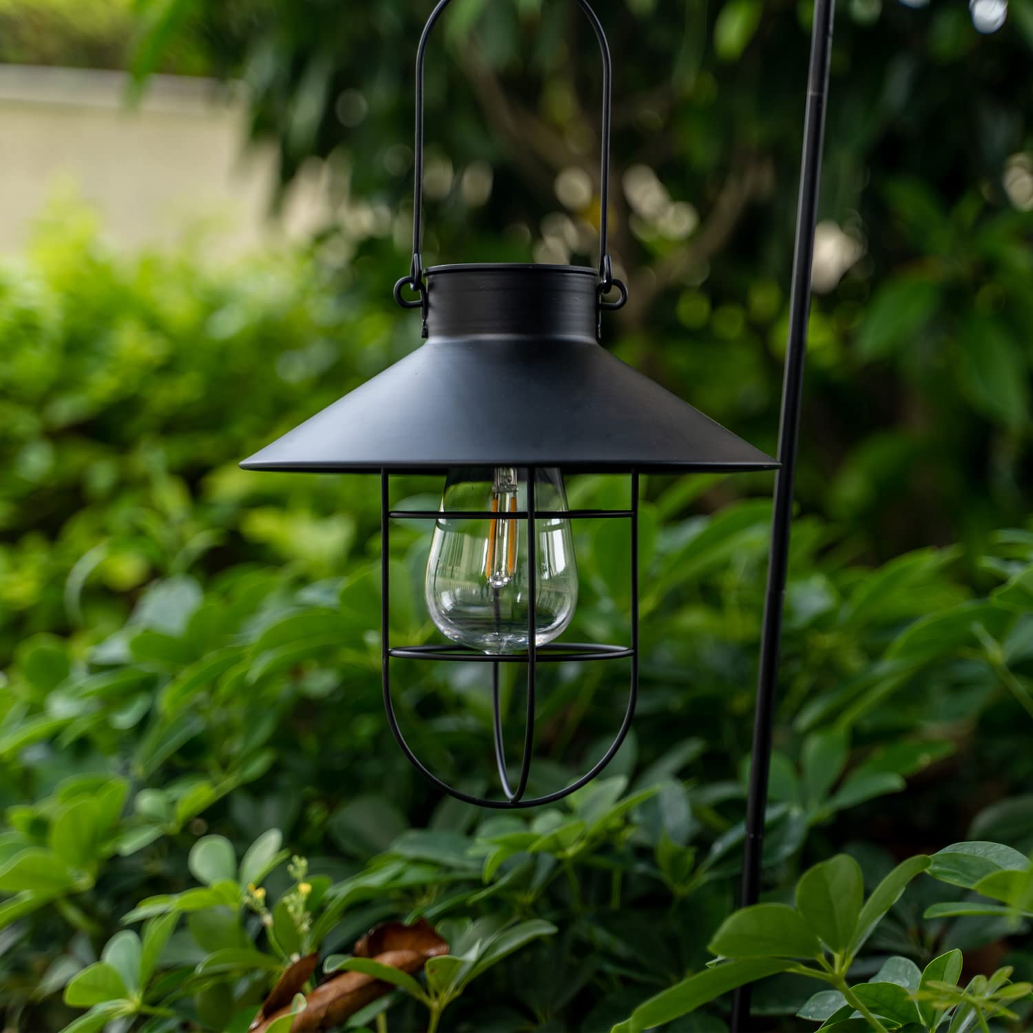 HUYIENO Solar Metal Hanging Lanterns - 2 Pack with Shepherd Hook, Outdoor LED Garden Lights, Black, Model HY1203