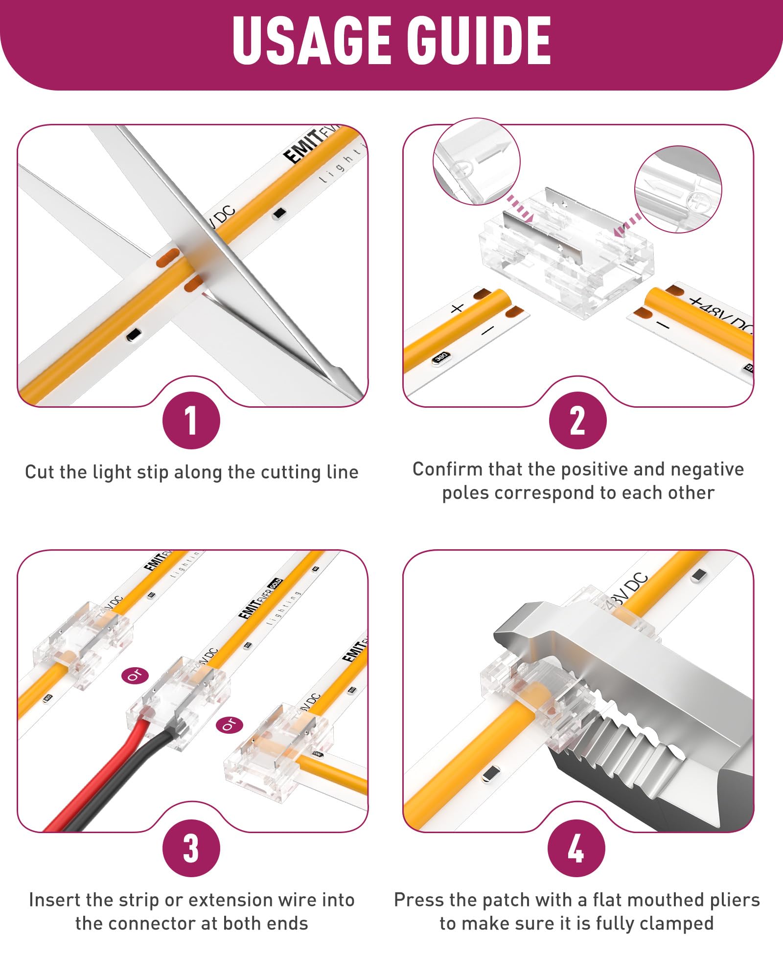 Emitever 8-In-1 Led Strip Connectors 12Pcs, 2 Pin 10Mm Cob Tape Lights Terminal Connectors 8 Types Solderless Transparent Connec