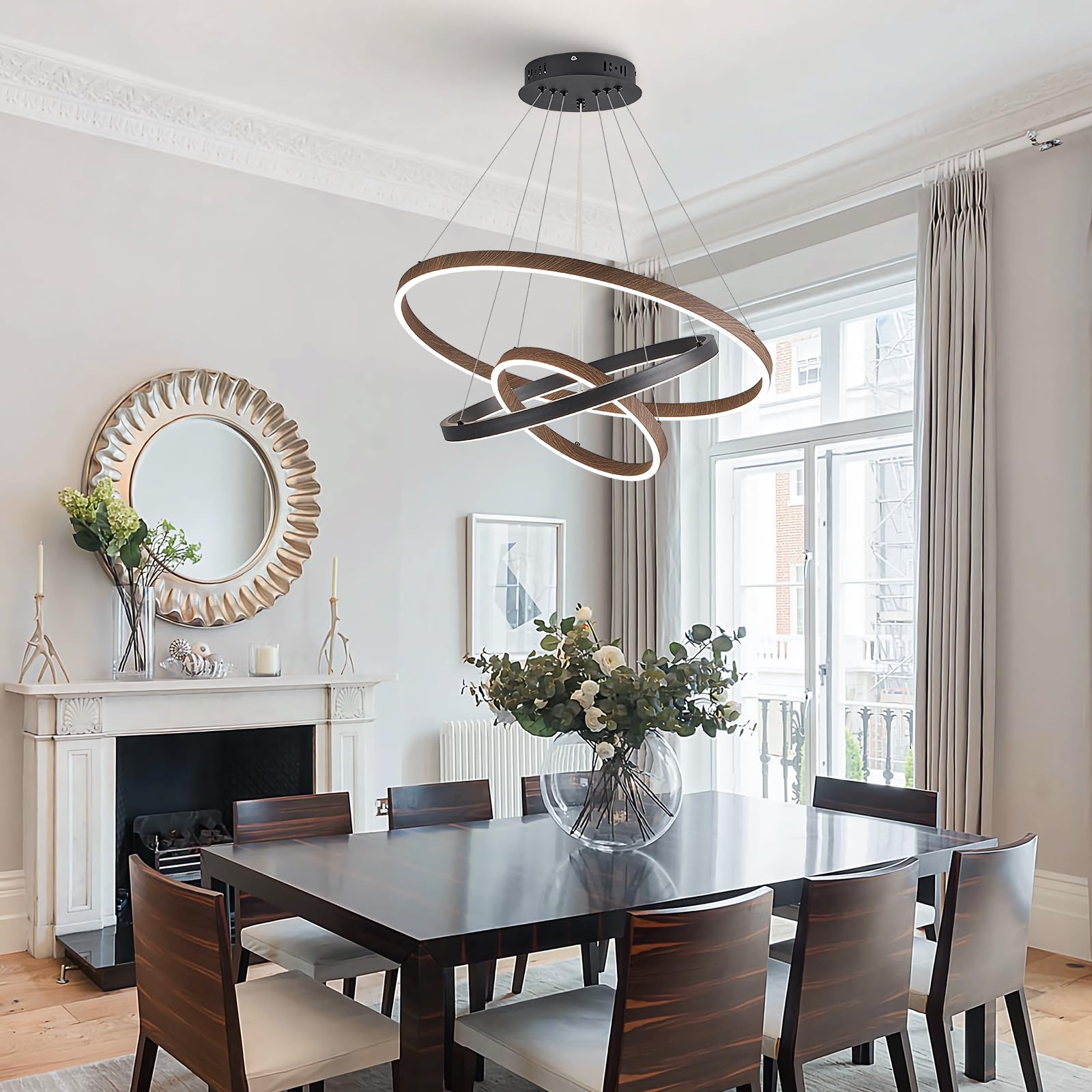 CaraLuxe LED Chandelier 3 Ring Pendant Light 75W Dimmable Black Walnut Wood 24in for Dining Room Living Room Kitchen