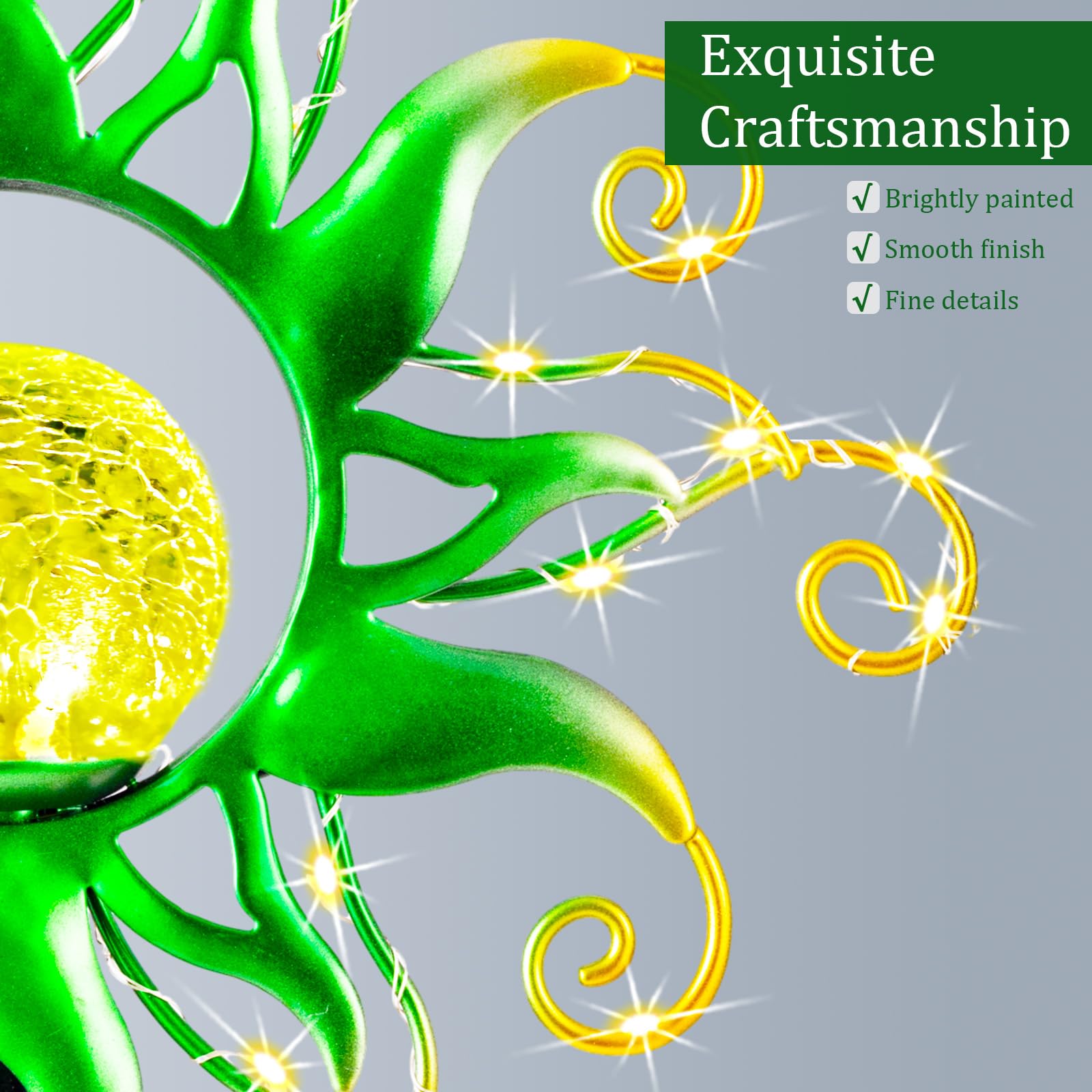 Solar Garden Lights Outdoor, Green Metal Sun Stake With 30 Led Waterproof Vine String Crackle Glass Spring Decor For Patio,Yardr