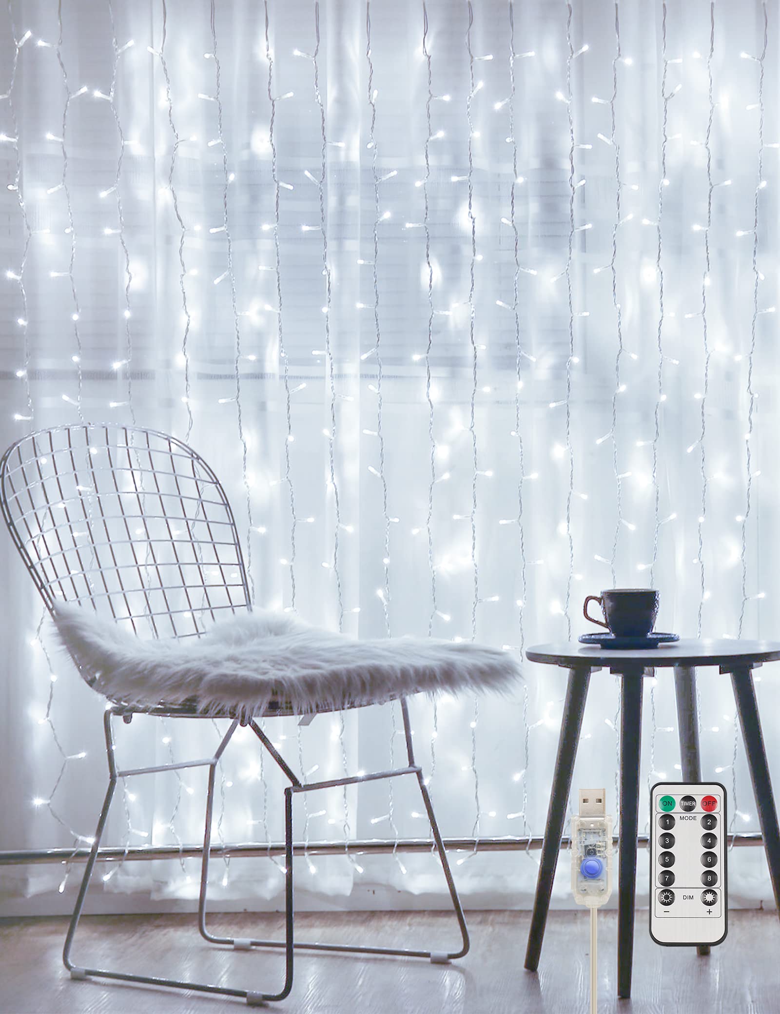 suddus White Curtain Lights - 200 LED Twinkle String Lights with Remote, 8 Modes, USB Plug-in, 6.5ft x 6.5ft for Wedding & Party Decor