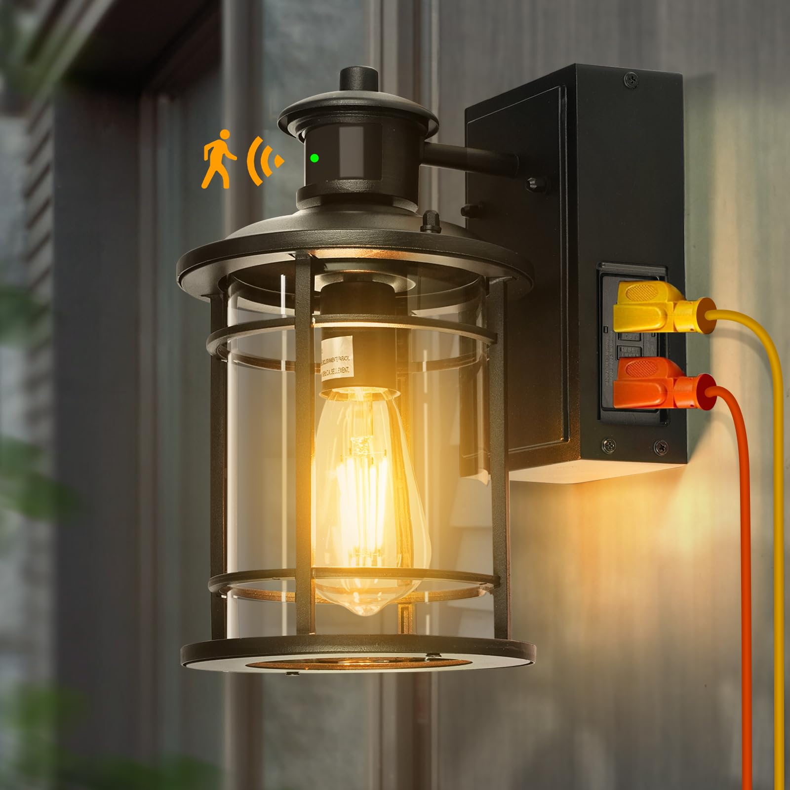 Okeli Outdoor Wall Light - Dusk To Dawn Motion Sensor, Waterproof Lantern, Gfci Outlet, Black