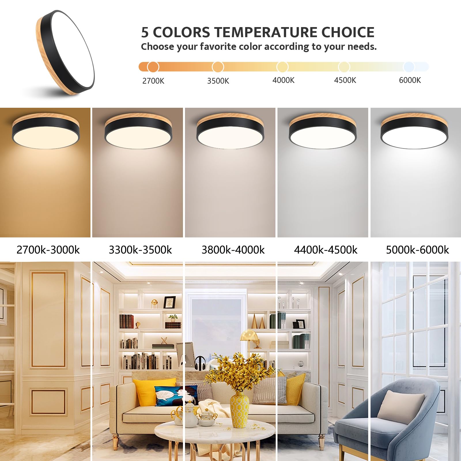 Goomavi Dimmable Wood Led Close To Ceiling Light, Modern 2700K-6000K 5Cct Round Black Flush Mount Ceiling Light Fixtures, Minimalist Ceiling Lamp For Bedroom, Kitchen, Hallway, Laundry Room-11.8In