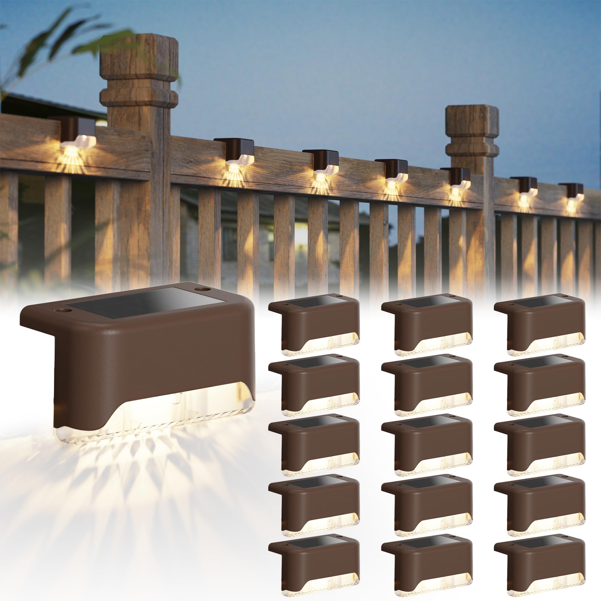 Jackyled Solar Fence Lights 16 Pack, Ip65 Waterproof Outdoor Deck Light, Brown, Plastic