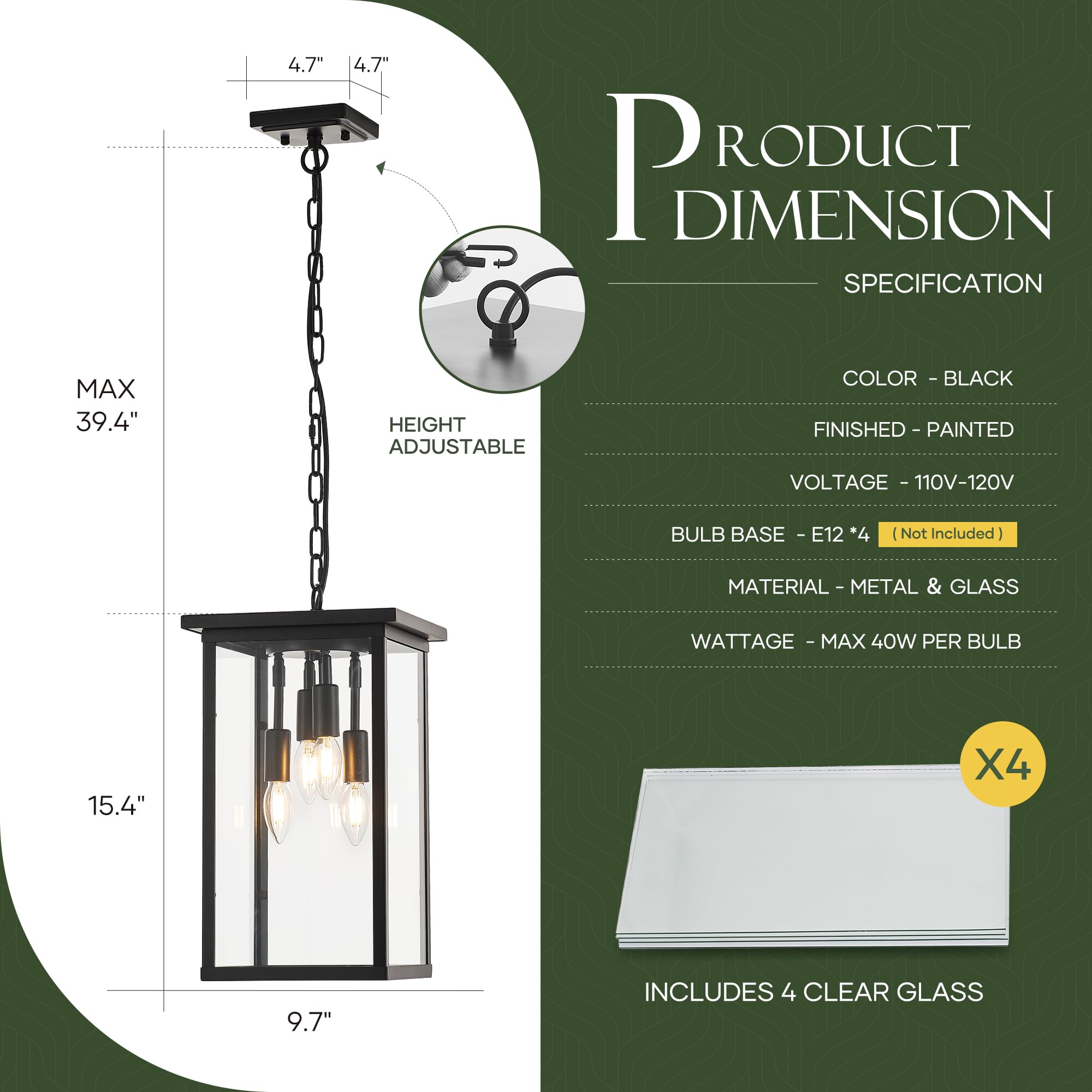 Lighceac 10'' Modern 4-Light Exterior Black Square Lantern Pendant Light Fixture With Clear Glass Industrial Hanging Cage Chande