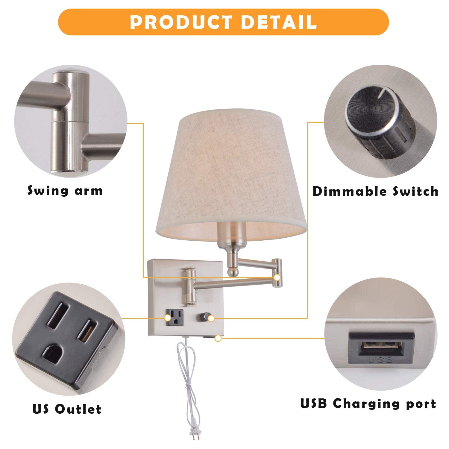 Affsure Bedside Wall Mount Light, Dimmable with USB Port, Satin Nickel, Swing Arm Fabric Shade, Model 5