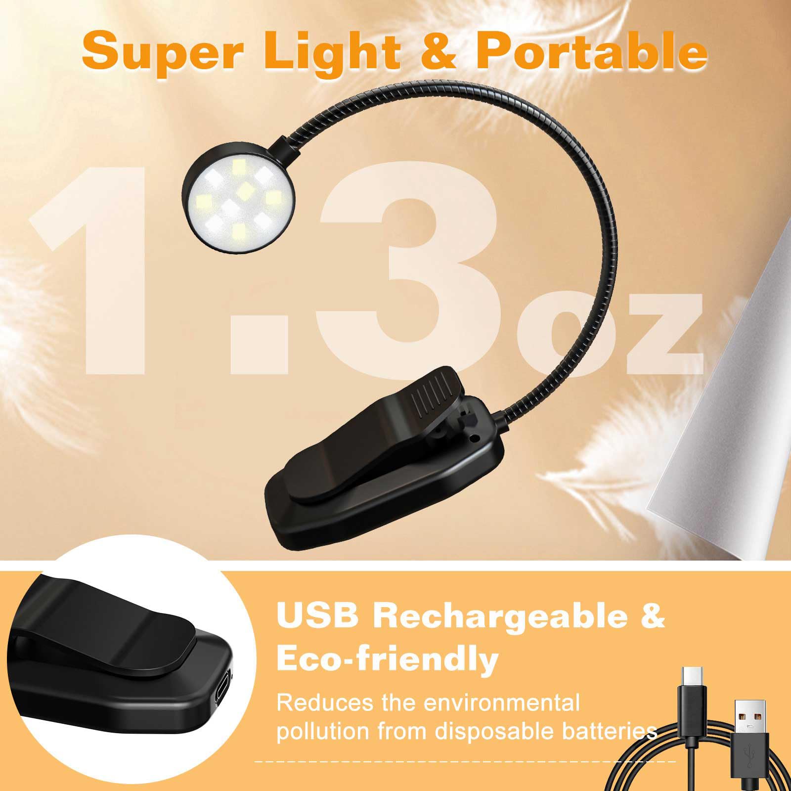 KTEBO Rechargeable Book Light - 10 LED, 3 Color Temperatures, 3 Brightness Levels, Lightweight Clip-On, Black, Model BHLBL-1