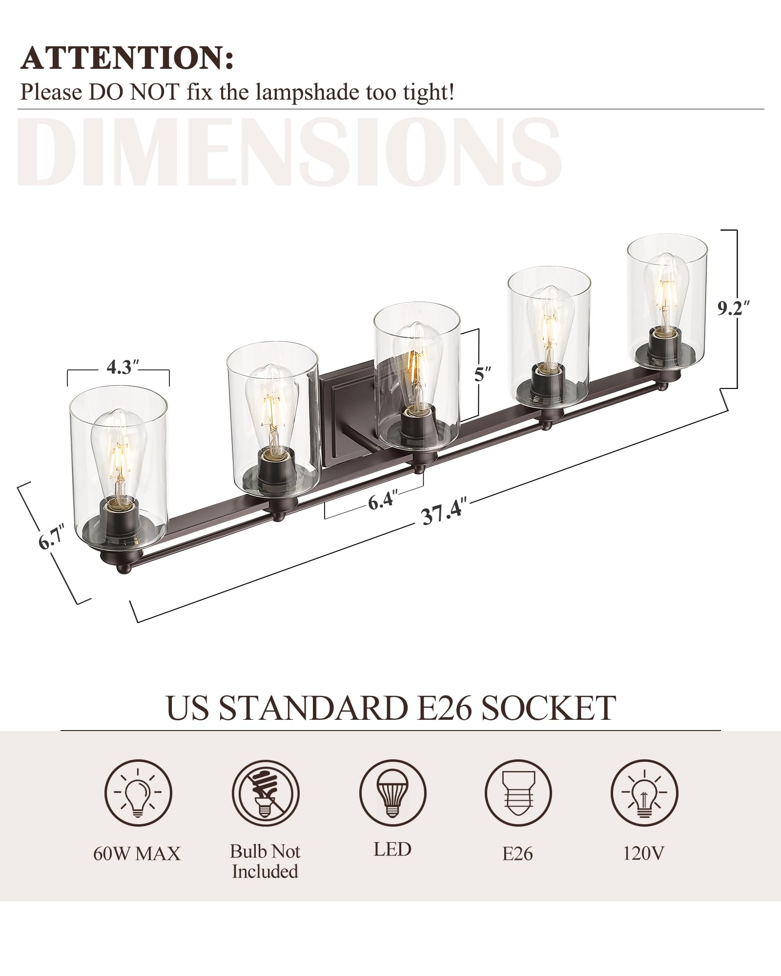 Hwh 5-Light Bathroom Vanity Light Fixtures - Oil-Rubbed Bronze Farmhouse Wall Lighting 37"