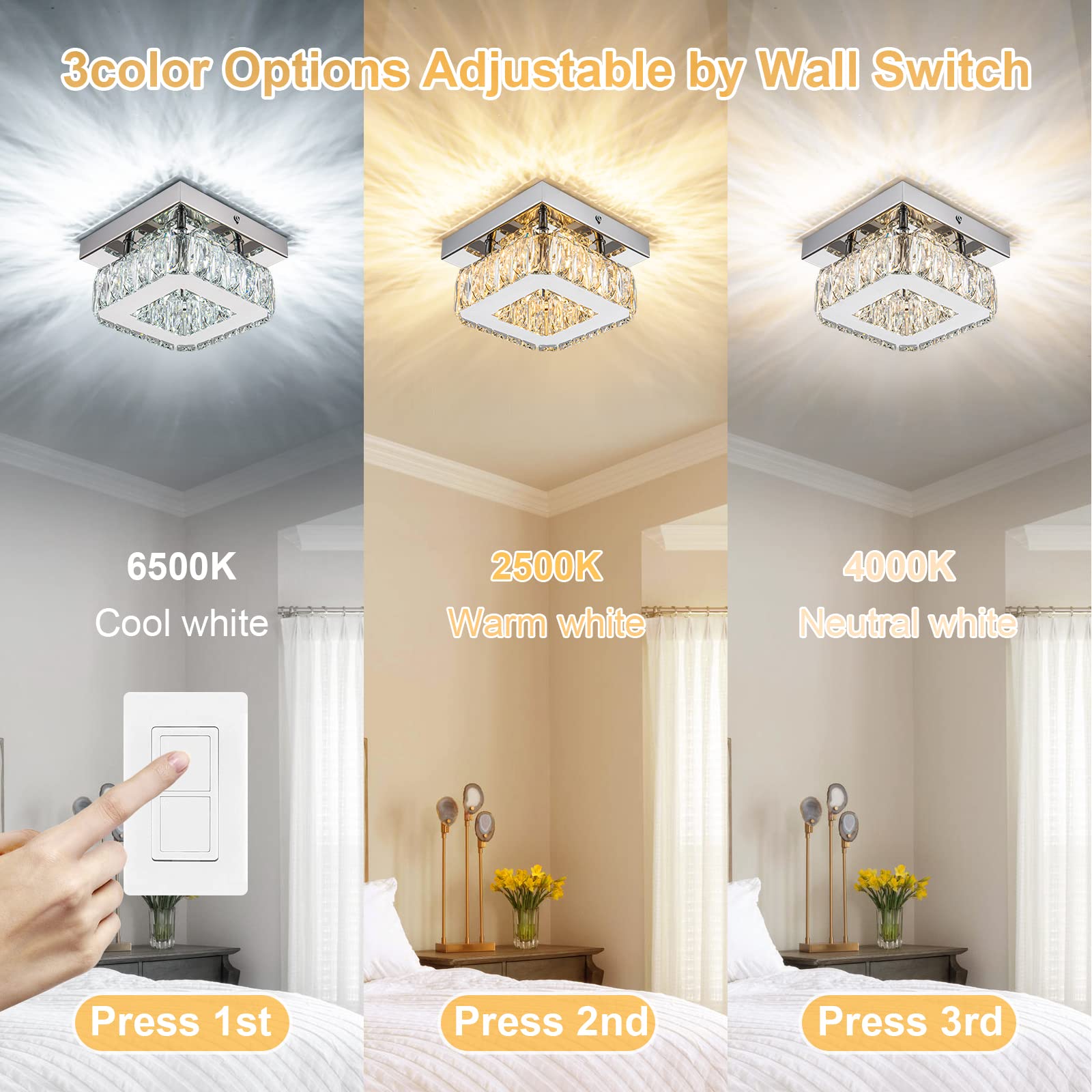 Homlaiting Crystal Ceiling Light Fixture - Square Flush Mount Dimmable Led Chandelier For Bedroom, Hallway, Kitchen, Bathroom