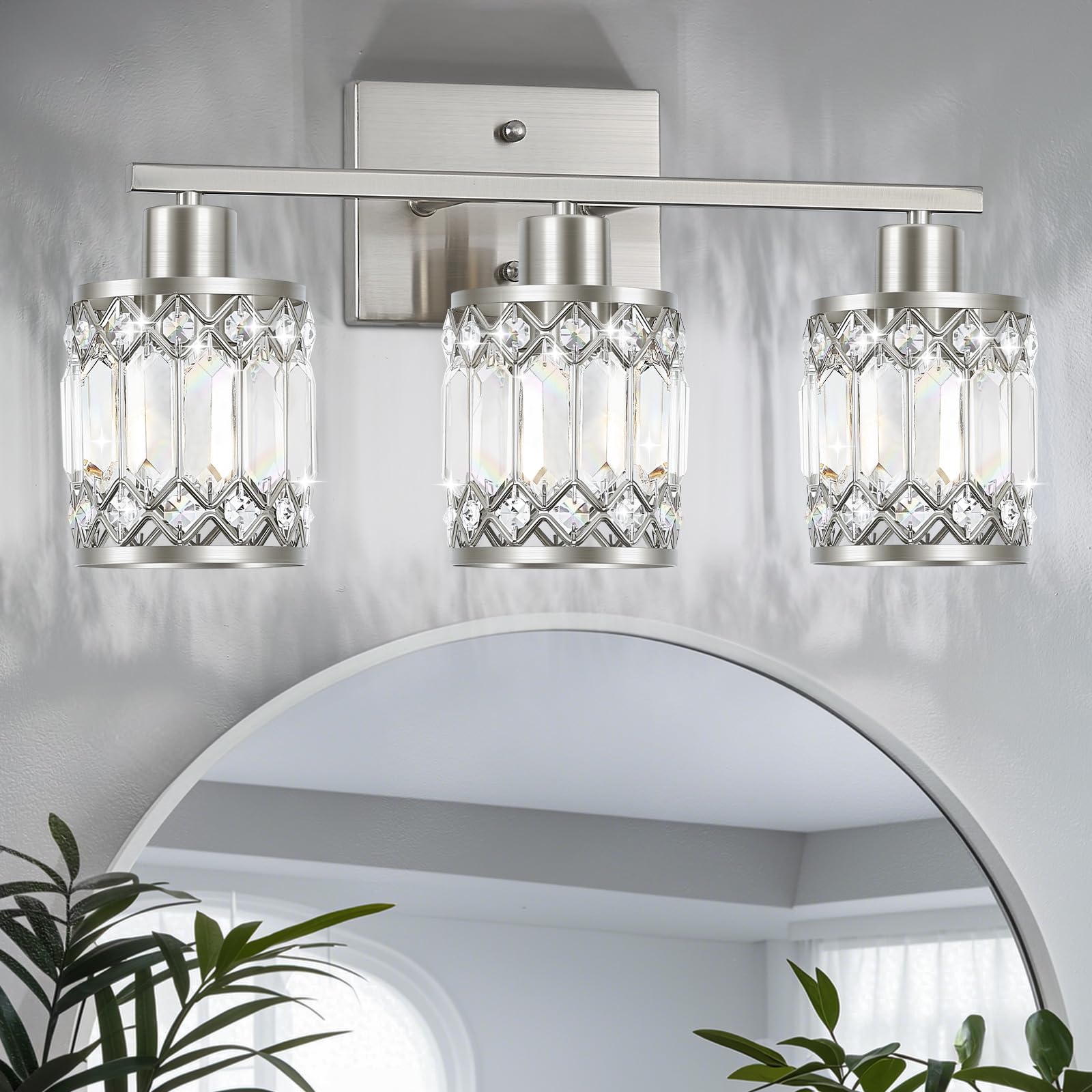 JZEKVN Crystal Modern Bathroom Light Fixtures, 3-Light Brushed Nickel Bathroom Vanity Wall Light, Vanity Lights for Mirror, Rest