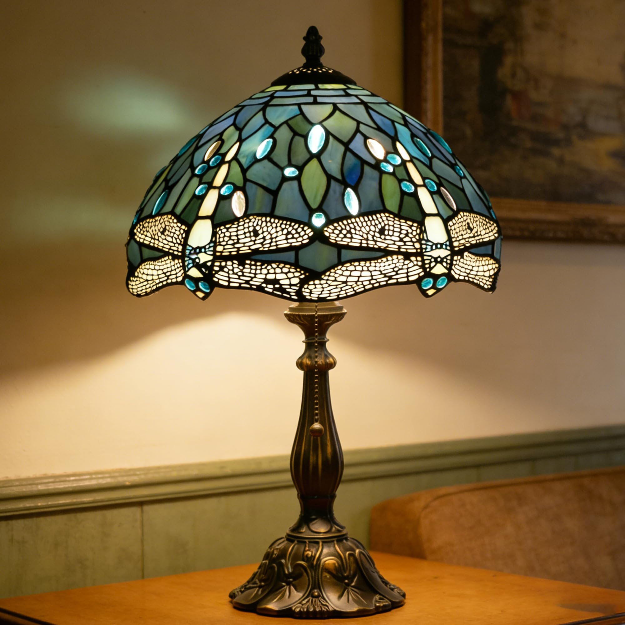 WFAYNTIFL Tiffany Lamp Stained Glass Table Lamp Antique Bedside Reading Light W12H19 Inches (Sea Blue Dragonfly)
