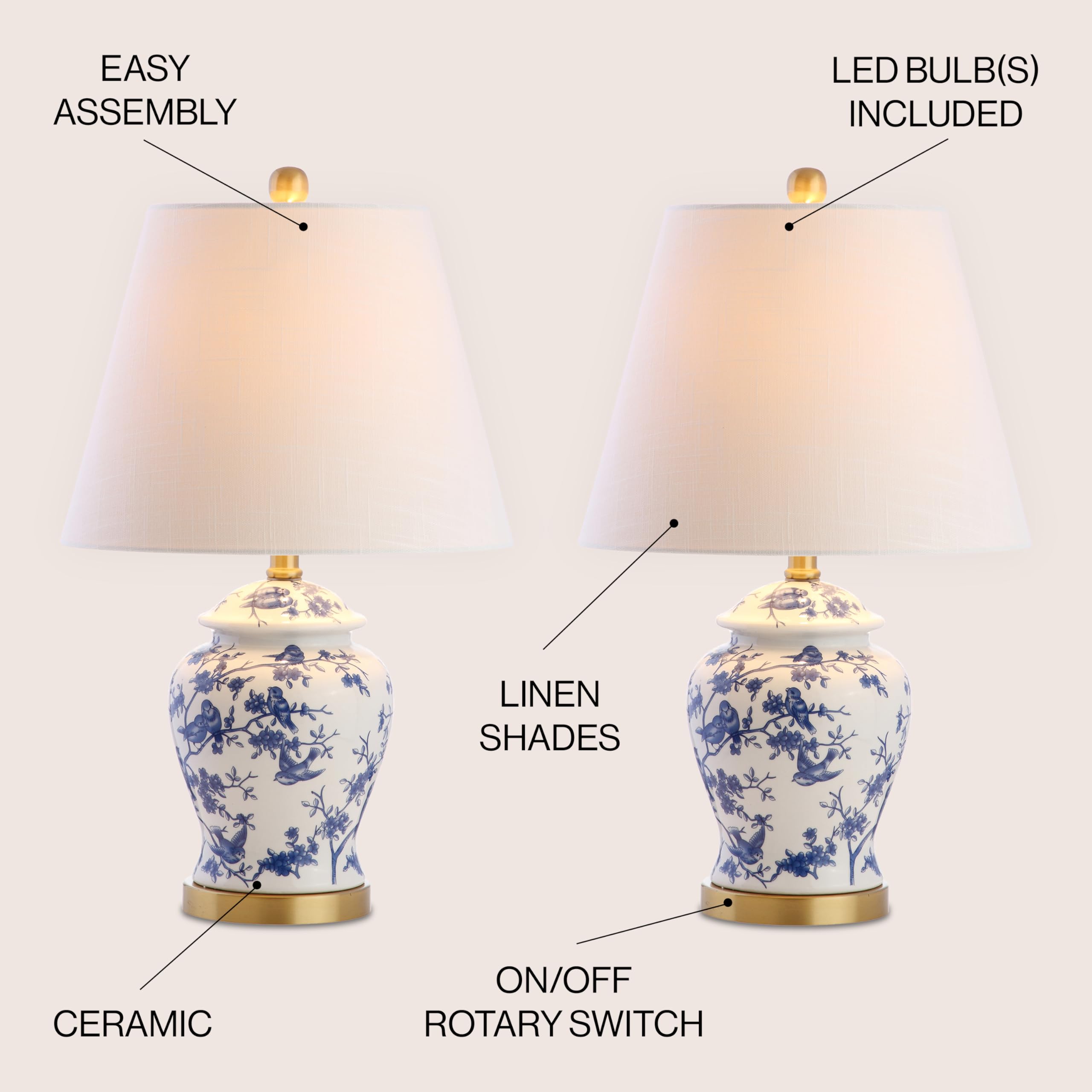 JONATHAN Y Set of 2 Table Lamps, 22" Chinoiserie Ceramic, Blue/White, Model JYL3005A-SET2, Perfect for Bedroom, Living Room
