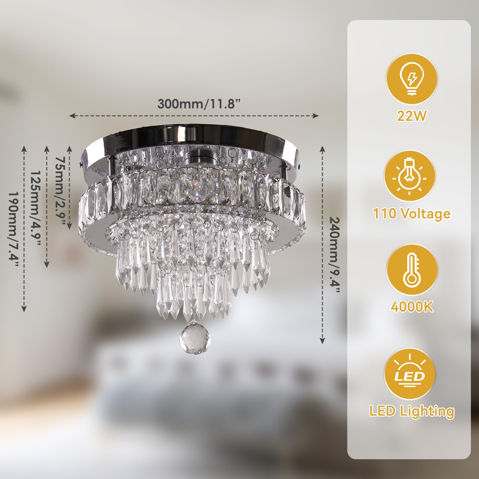Finktonglan Square Crystal Chandelier, 13'' Dimmable Flush Mount Light with Remote - Ideal for Dining Room, Bedrooms, Living Room