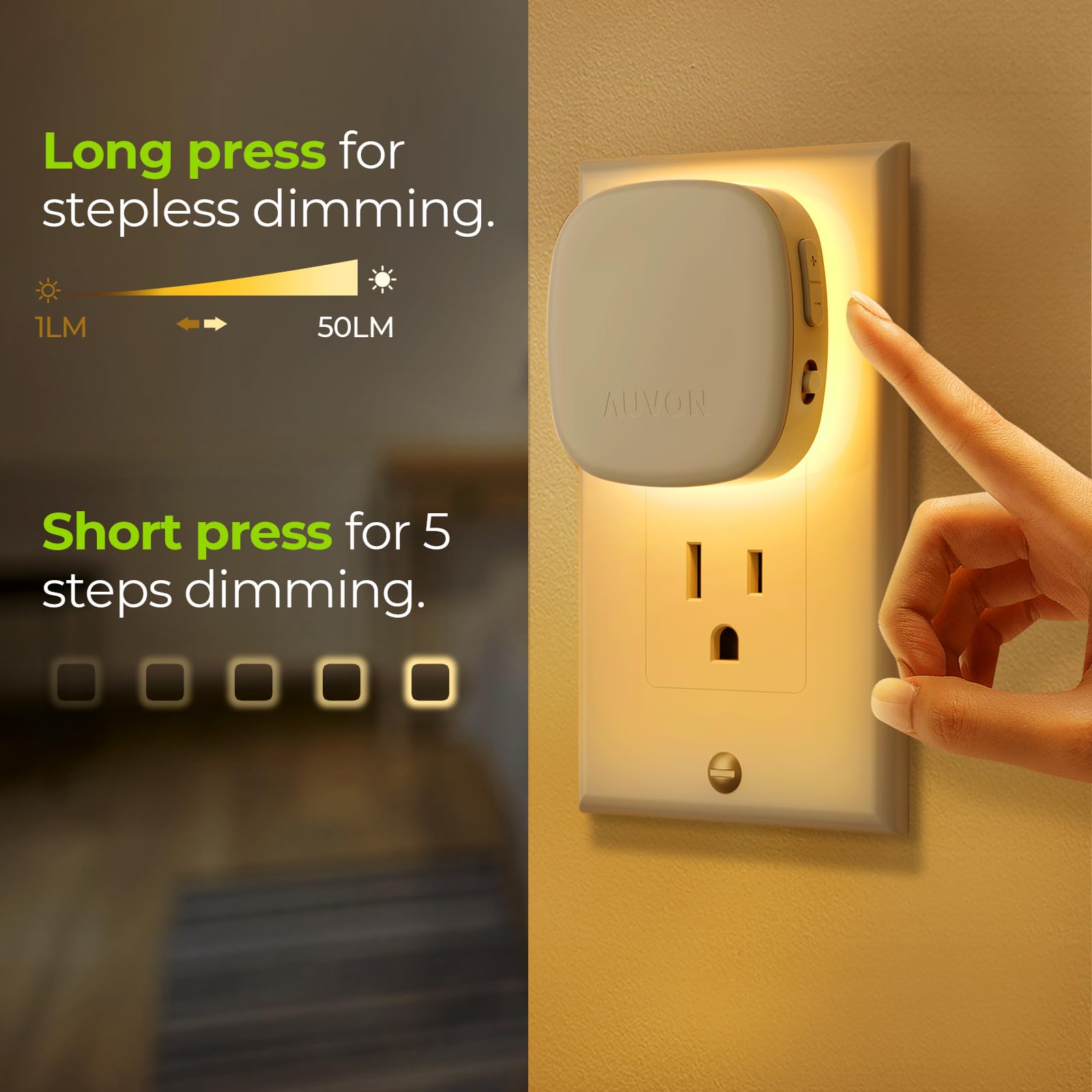 AUVON Plug-in LED Night Light with Motion & Dusk Sensors, Dimmable Amber, Adjustable Brightness, Model N001A, 2 Pack