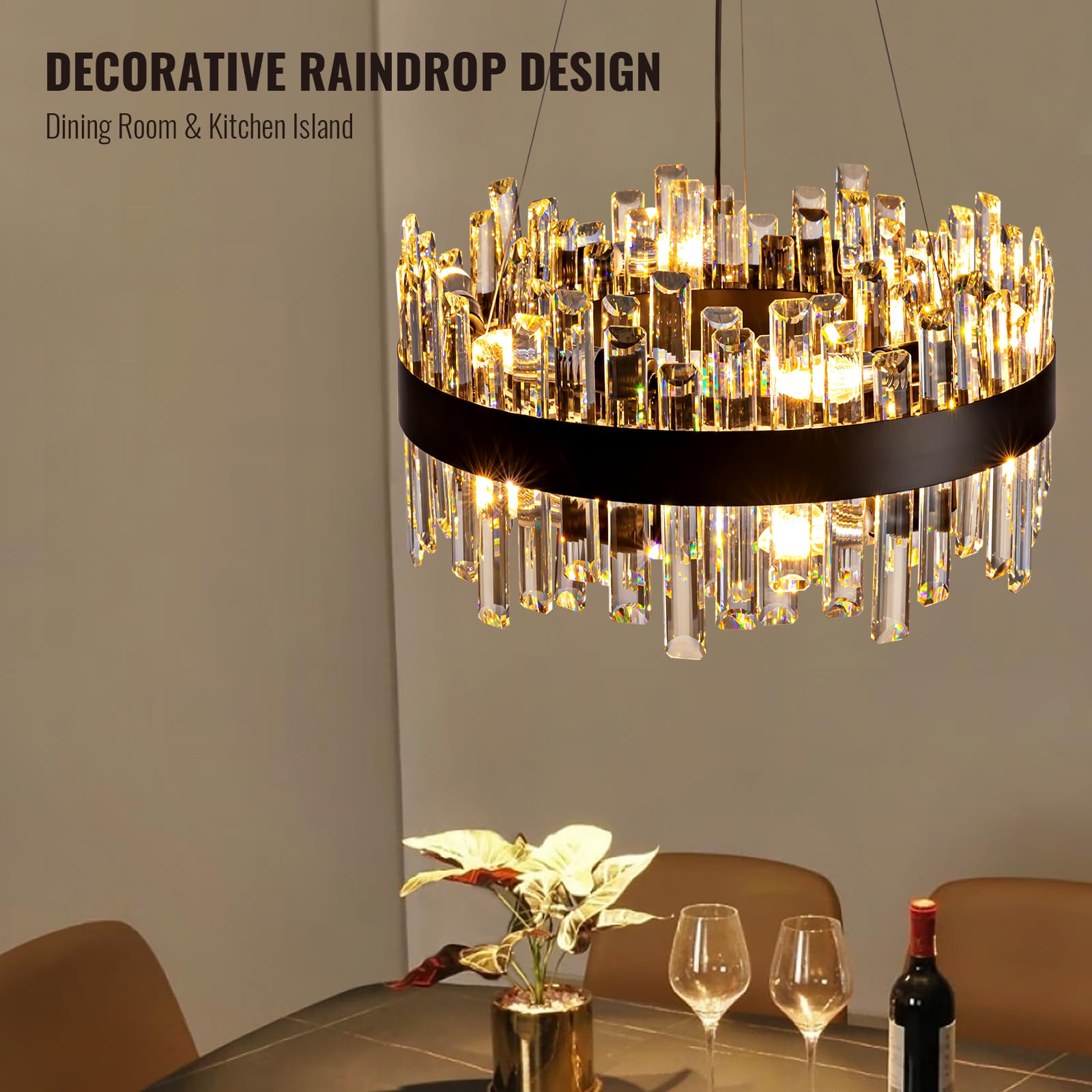 Siljoy Modern Crystal Chandelier, Black Round Semi Flush Mount, 12 Lights, 2 Tiers, D19.7'' for Living Room, Dining Room, Entryway