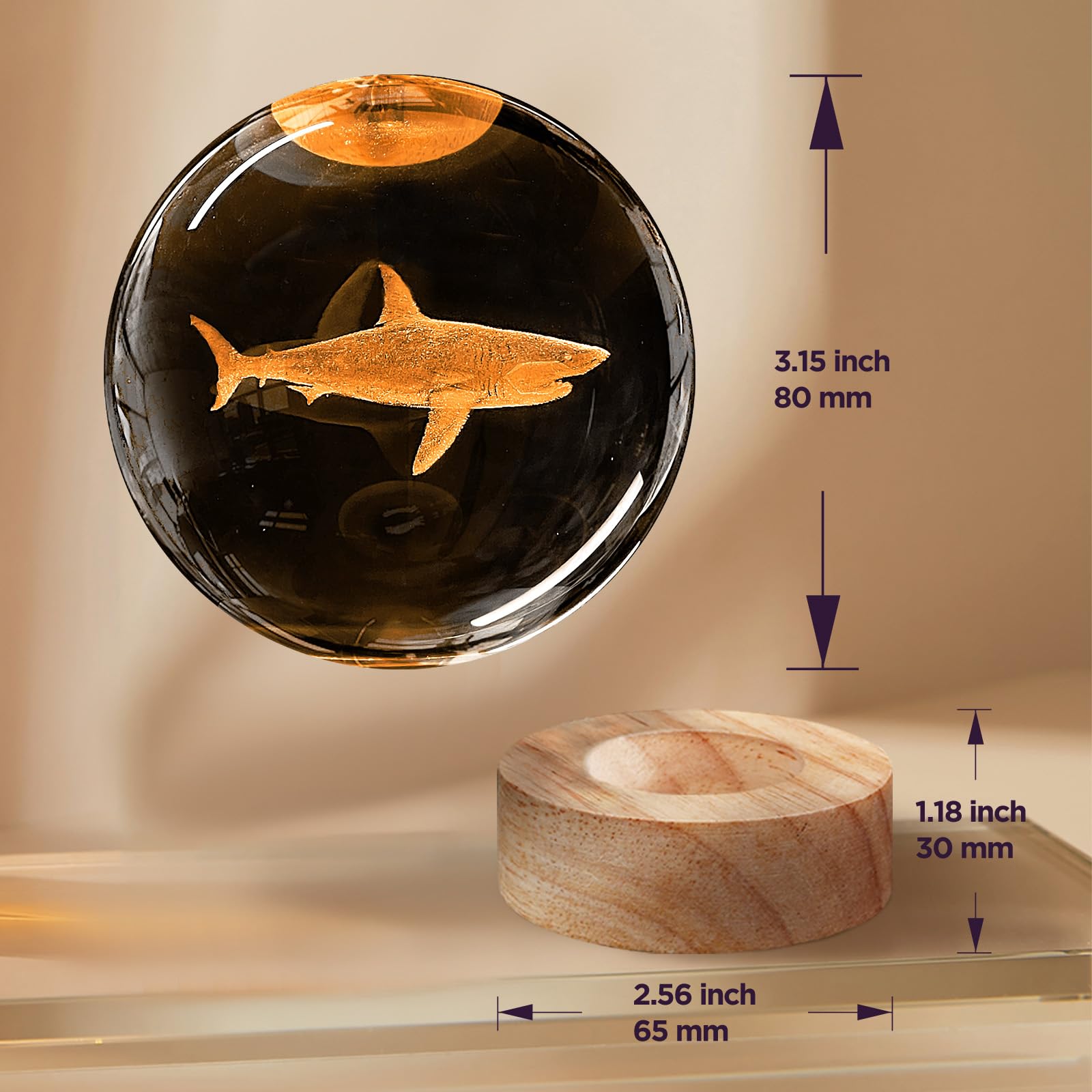 Yylzephb 3D Shark Crystal Ball Night Light With Woodern Base, 3.15 Shark Glass Ball Lamp 16 Colors With Remote Control Shark Fig