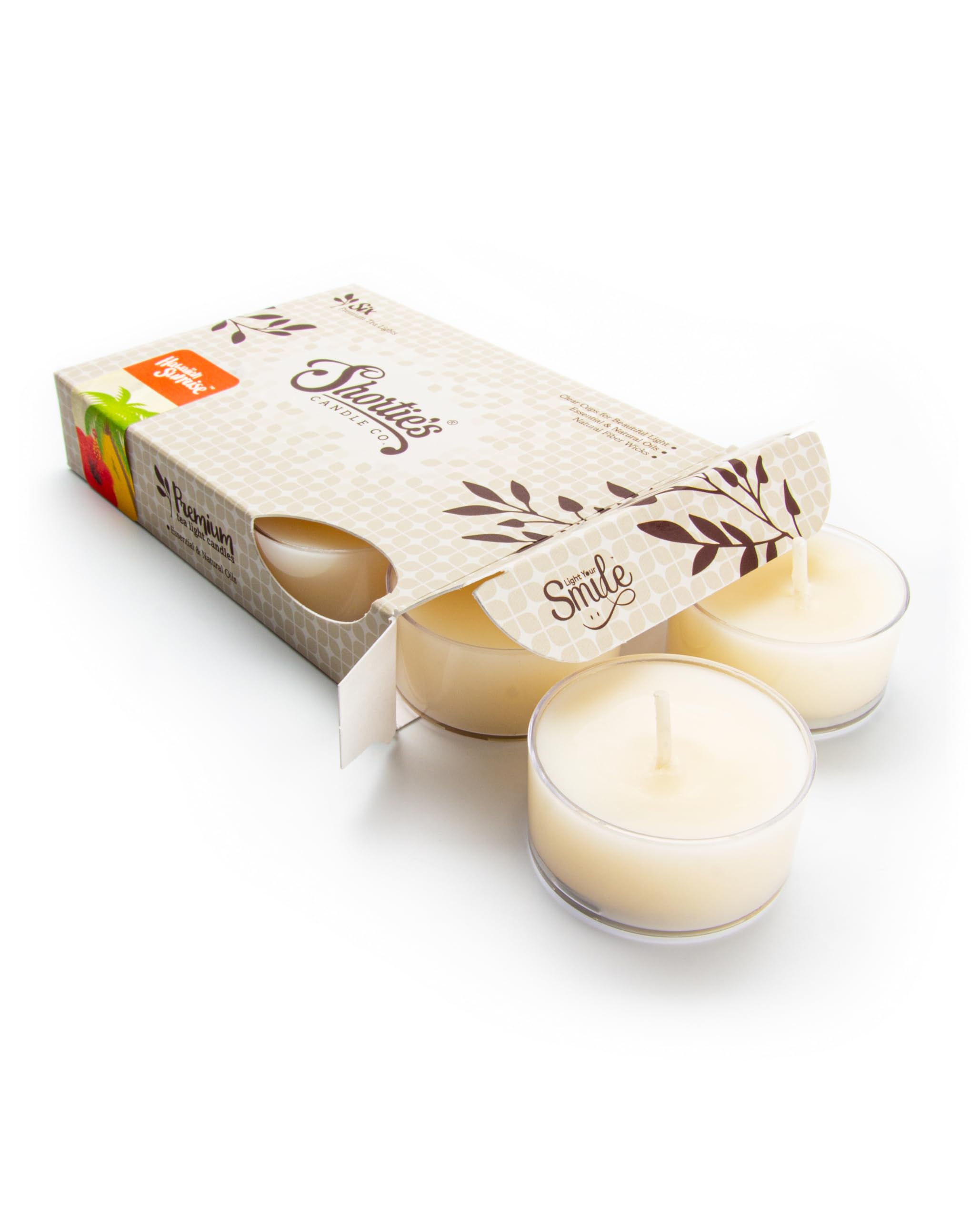 Shorties Candle Company Hawaiian Sunrise Enhanced Tealight Candles - Highly Scented with Essential Oils - 6 Orange Tea Lights - Beautiful Candlelight - Made in the USA - Fresh & Clean Collection