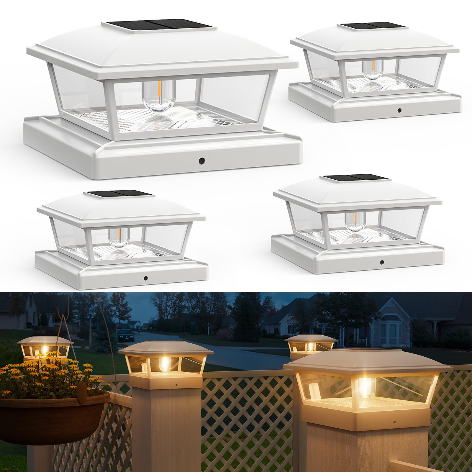 APONUO Solar Post Lights, 4 Pack, 2 Modes, Waterproof Edison LED Bulbs for 4x4, 5x5, 6x6 Posts, White, Model 