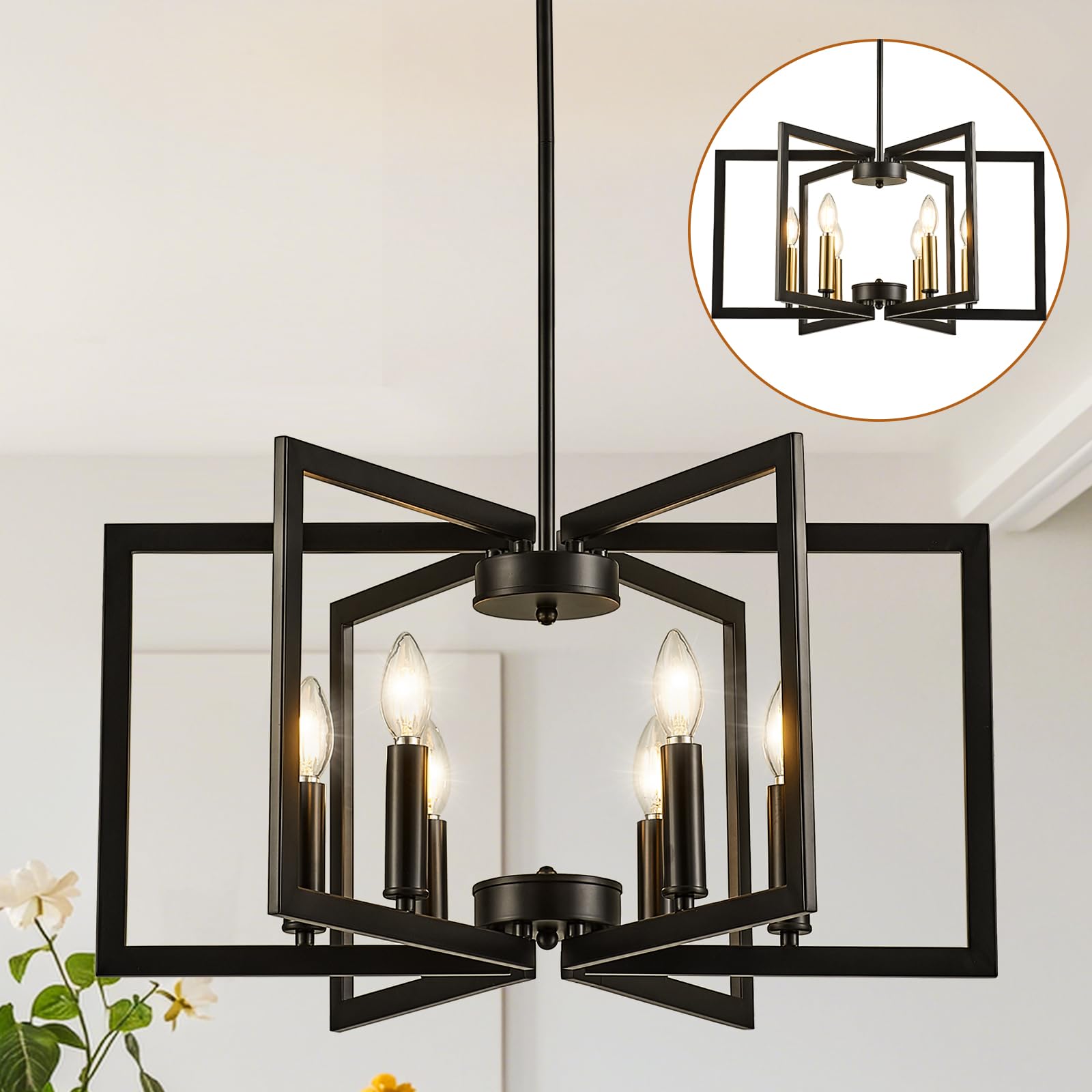 Loftplus 6-Light Black Chandelier For Dining Room Light Fixture Over Table Foyer Lighting Fixtures Modern Farmhouse Geometric Me