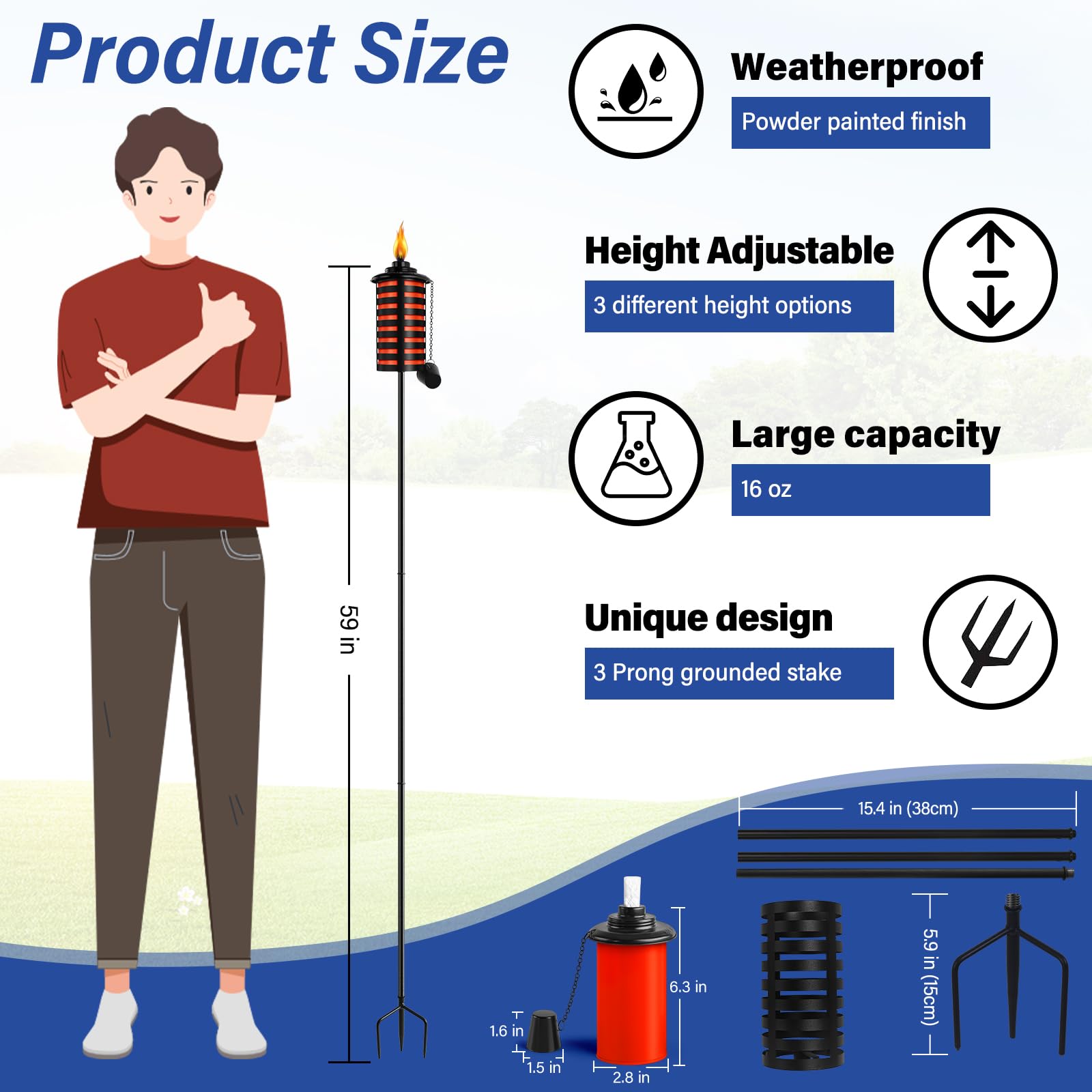 Fan-Torches 6 Pack Citronella Metal Garden Torches, 59-Inch Outdoor Décor For Party & Pathway