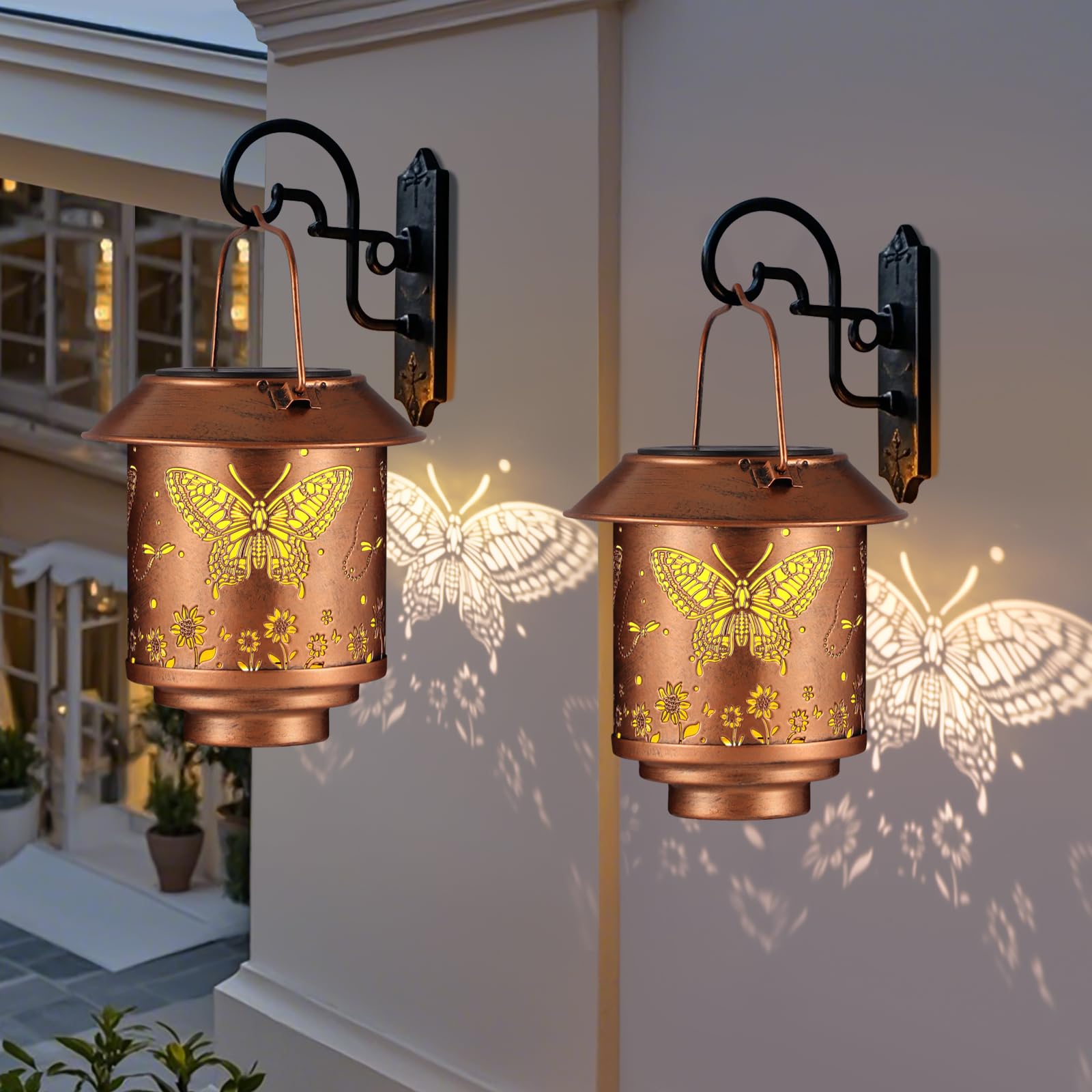 Mother Day Gifts for Mom,Outdoor Hanging Solar Lantern Waterproof Outside Metal Butterfly Pattern Landscape Lights for Porch Gar