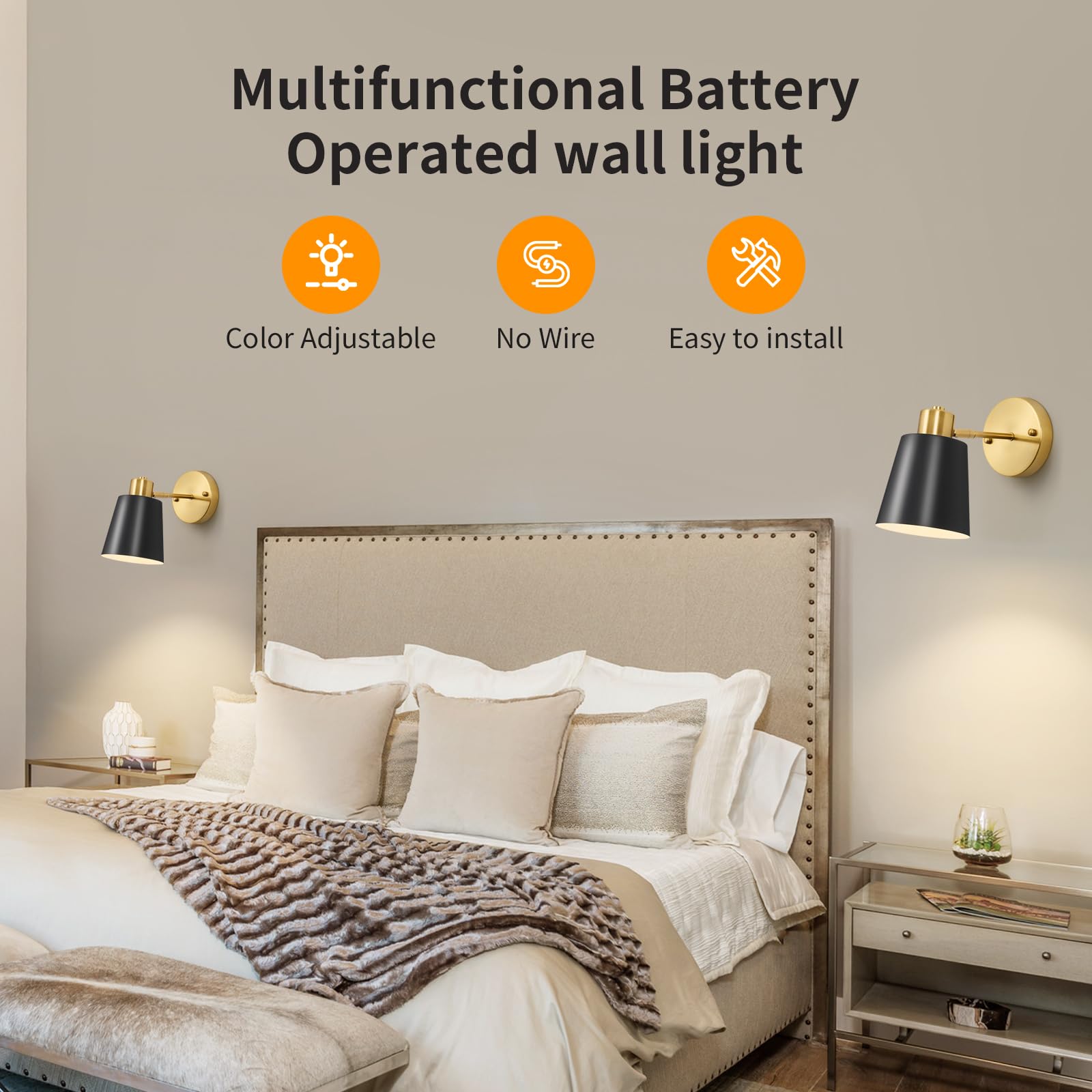 Vitnucrol 2 Pack Black And Gold Magnetic Wireless Battery Operated Wall Sconces, Dimmable Battery Powered Wall Decor Set Of 2, Cordless Wall Light Lamp With Remote Control For Bedroom Living Room