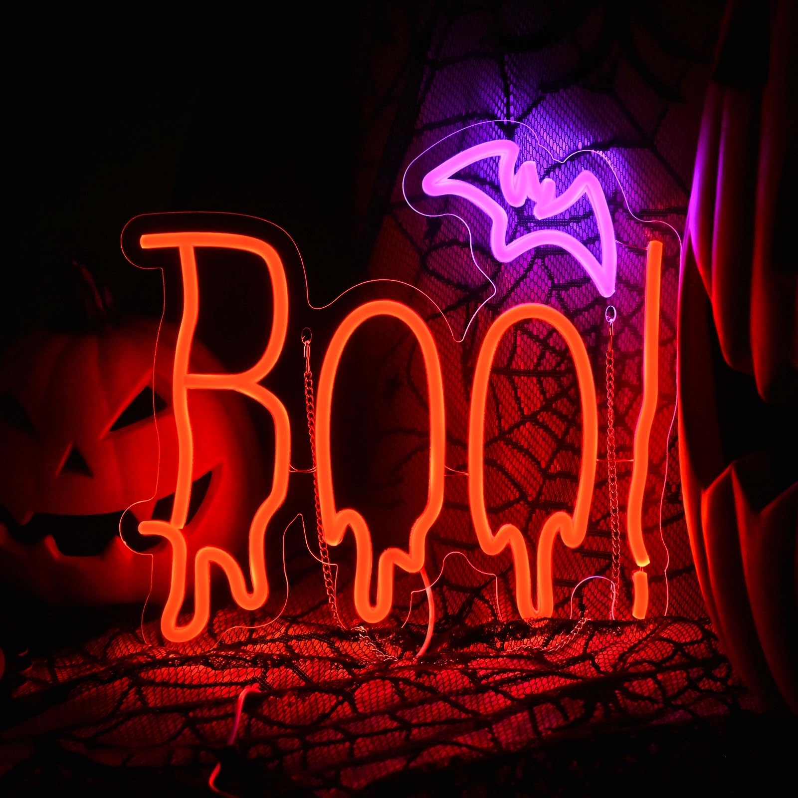 Lingqiang Halloween Neon Sign, Dimmable LED Light, Acrylic, Orange Purple BOO Design