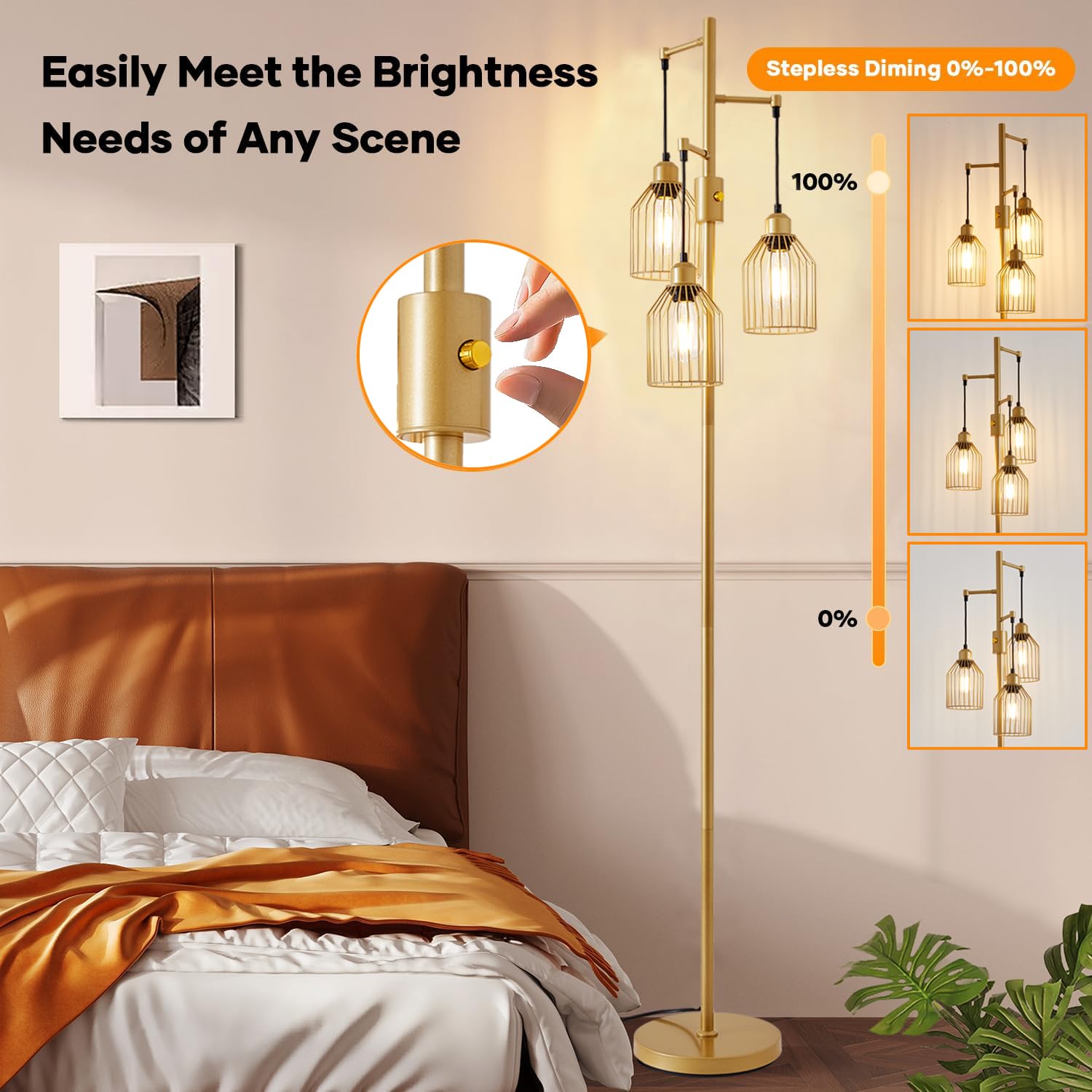 A1A9 Dimmable Floor Lamp For Living Room, Farmhouse Floor Lamps With Elegant Hanging Cage, 3 X Led Edison Bulbs Included, 68.5''