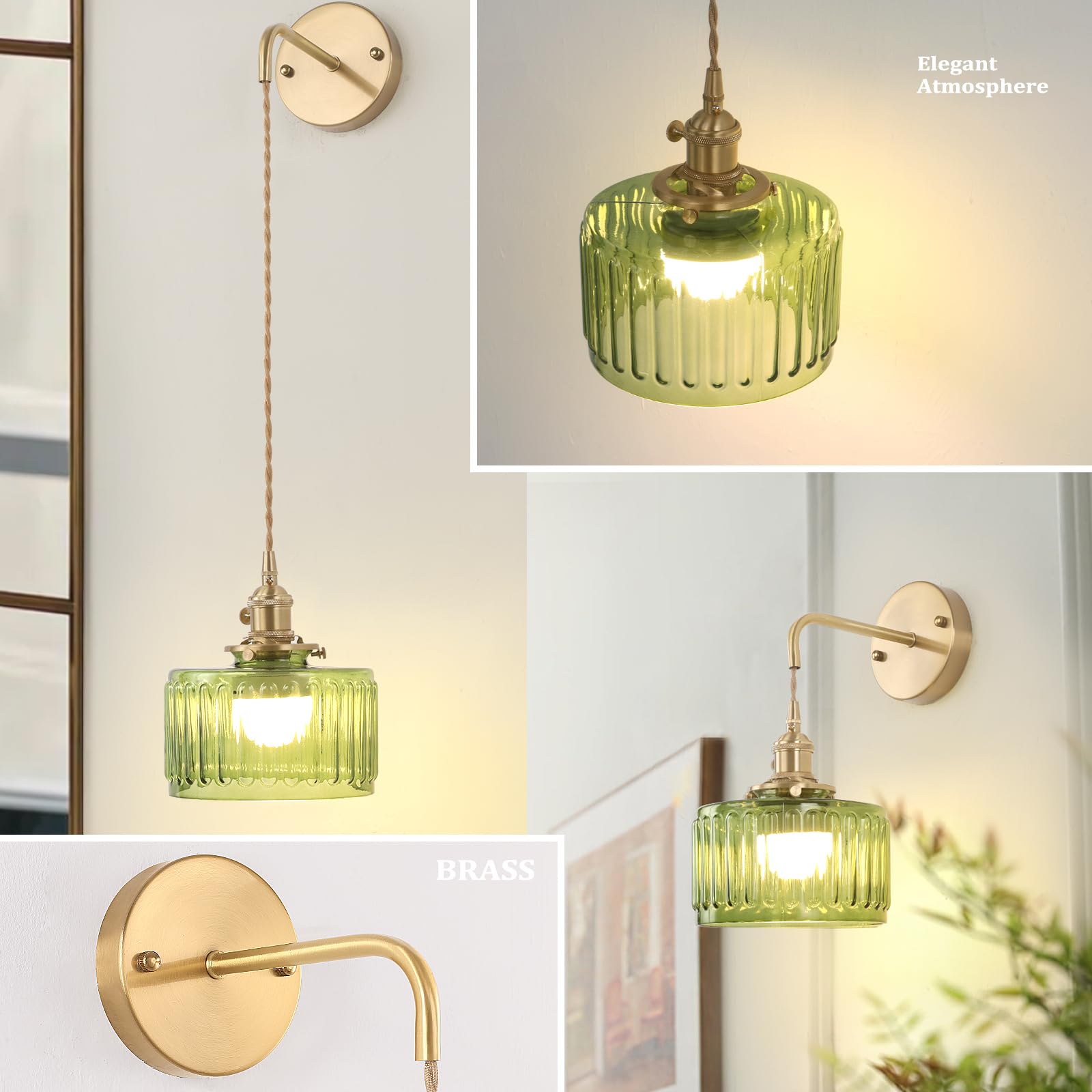 Shenmoyl Battery Operated Wall Sconce, Brass with Green Striped Glass Shade, Adjustable Chain, Model 1-938, Indoor Lighting Fixture