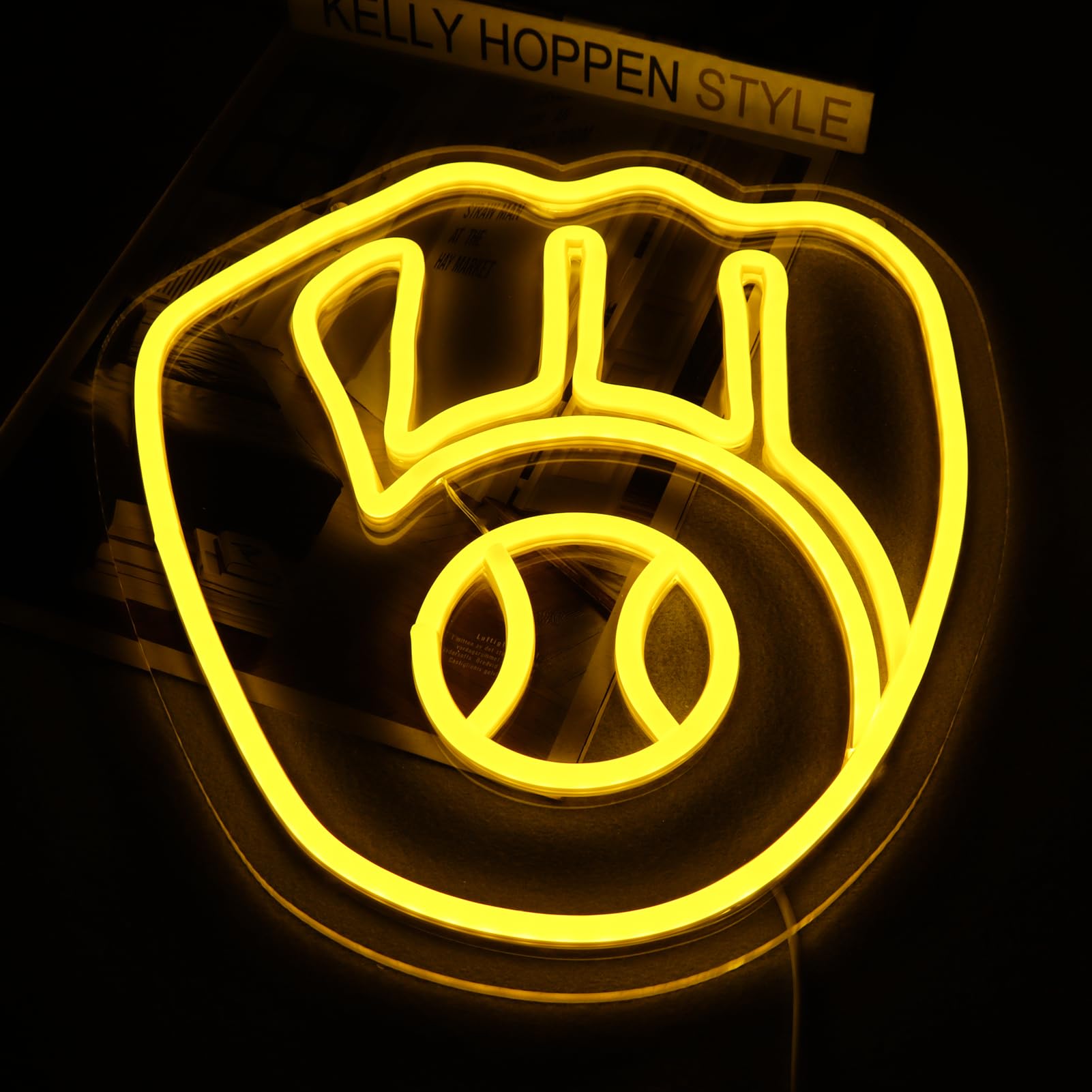 Balanar Neon Sign - Baseball Glove Model, 11.02in x 12.2in, Acrylic, Yellow, Garage or Man Cave Decor