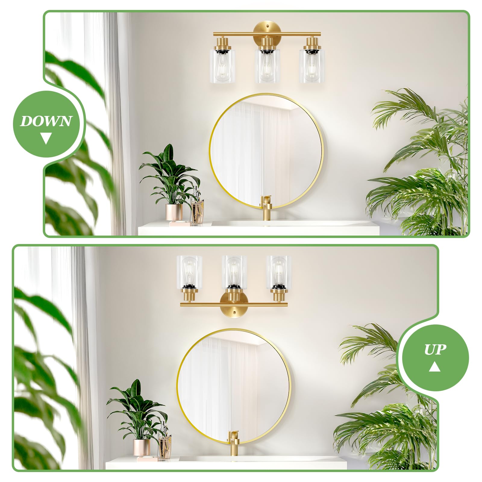 Guliaofo 3-Light Brushed Gold Bathroom Vanity Light Fixture, Clear Glass Shade, Model Gu-111-QGJ-3