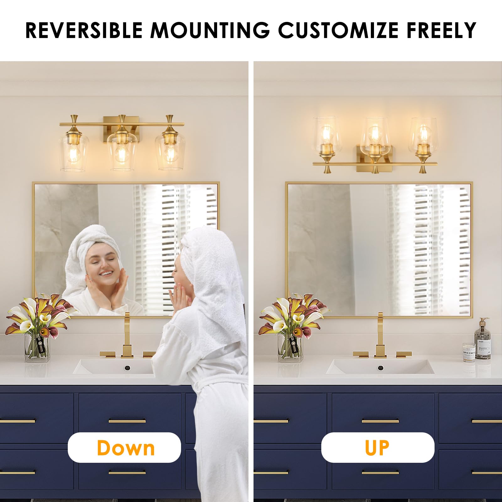 3 Light Bathroom Vanity Light Fixtures,Modern Brushed Gold Vanity Lights With High Clear Wine Glass Bathroom Lighting Over Mirro