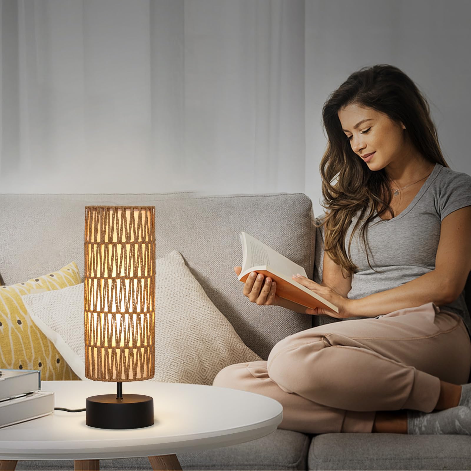 Rattan Table Lamp, Touch Control Bedside Table Lamp With Black Base, 3 Way Dimmable Nightstand Lamp With Dual-Layer Shade, Boho
