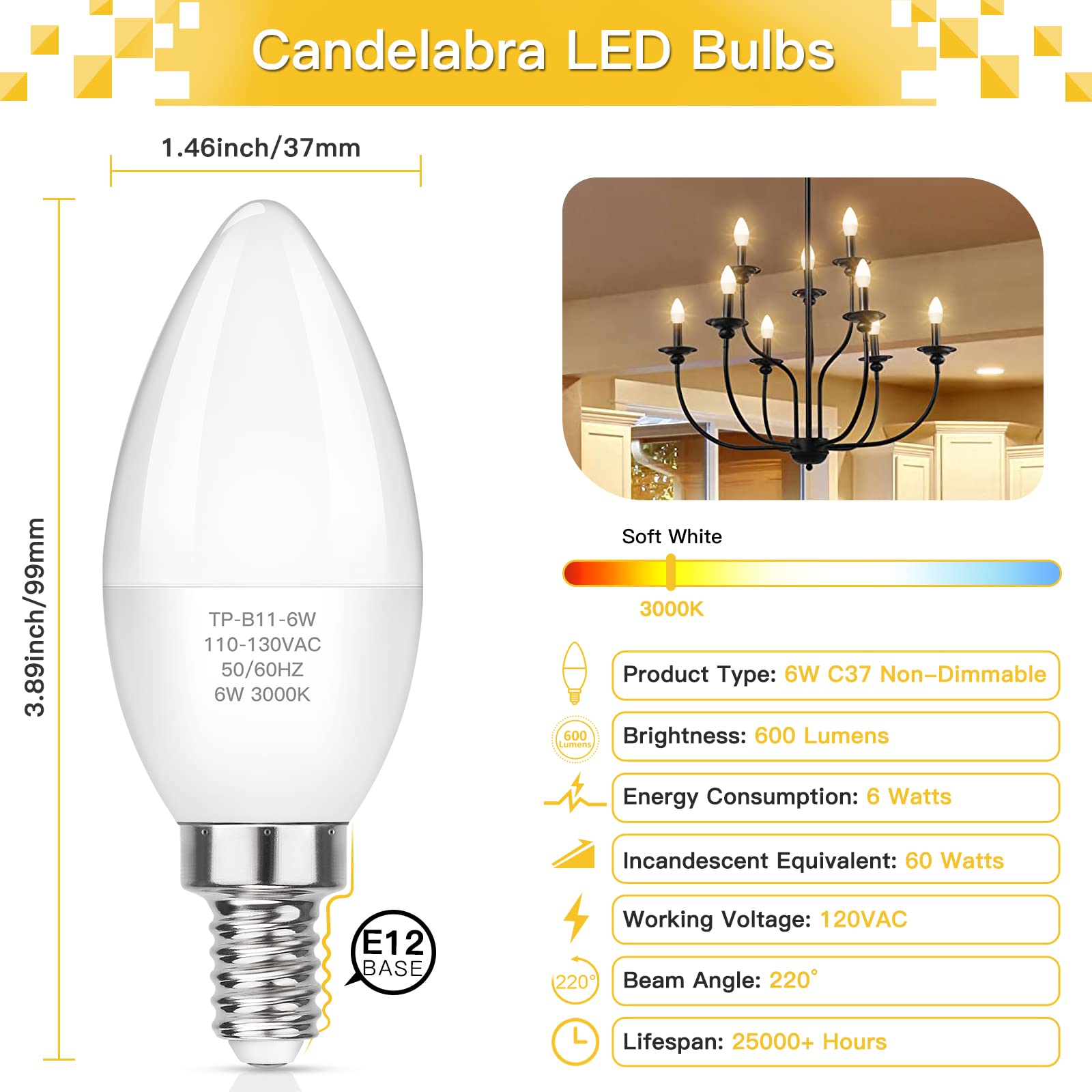 Maxvolador E12 Led Candelabra Light Bulbs 60W Equivalent, Soft White 3000K 600 Lumens Chandelier Bulb, 6W B11 Candle Base, Non-Dimmable, Pack Of 6