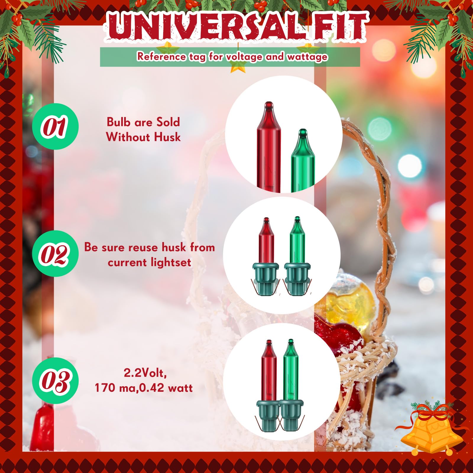 Mudder Mini Light Bulbs - 2.5V Incandescent Glass String Lights, 100 Pcs, Red & Green, Indoor/Outdoor Xmas Decoration