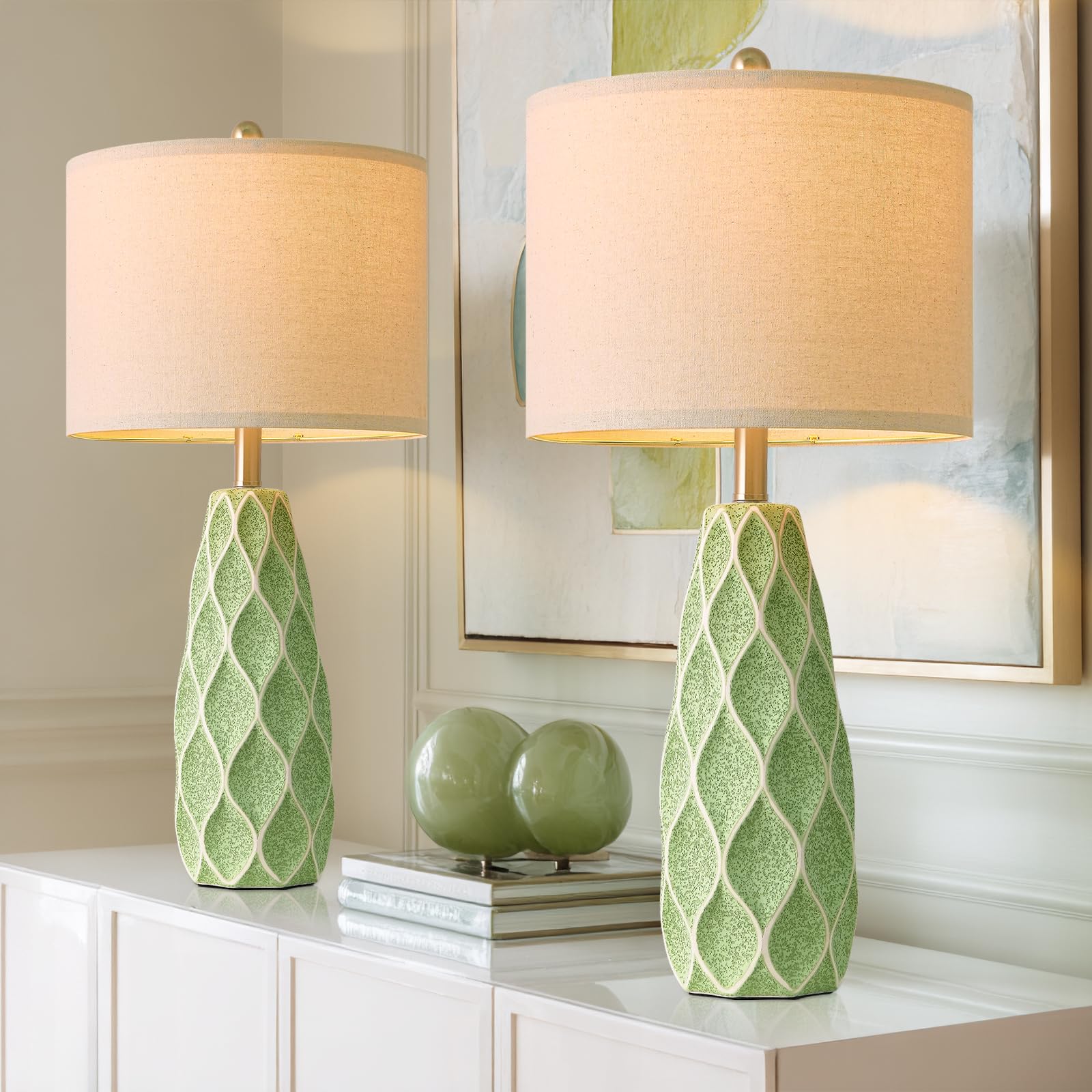 27.5 Ceramic Table Lamps for Living Room Bedroom Lamps Set of 2 Modern Boho Bedside Lamps Night Stands Farmhouse Vintage Large Nightstand Lamp Reading Light Home Office Dorm Desk Deco Gifts  Green