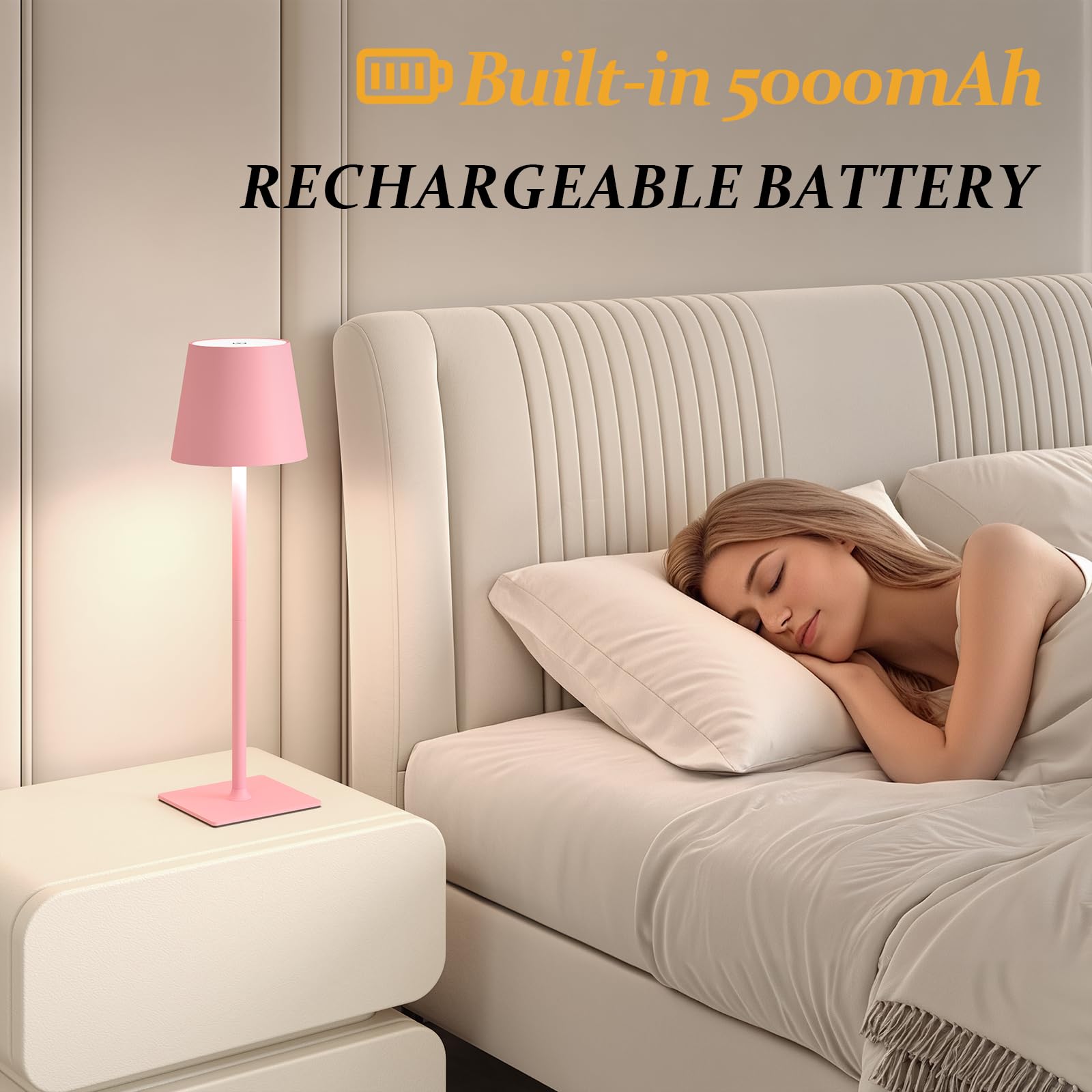 CHLORANTHUS Cordless Table Lamps - 2 Pack, 5000mAh Rechargeable, Stepless Dimming, Pink, Model: table-lamp -15