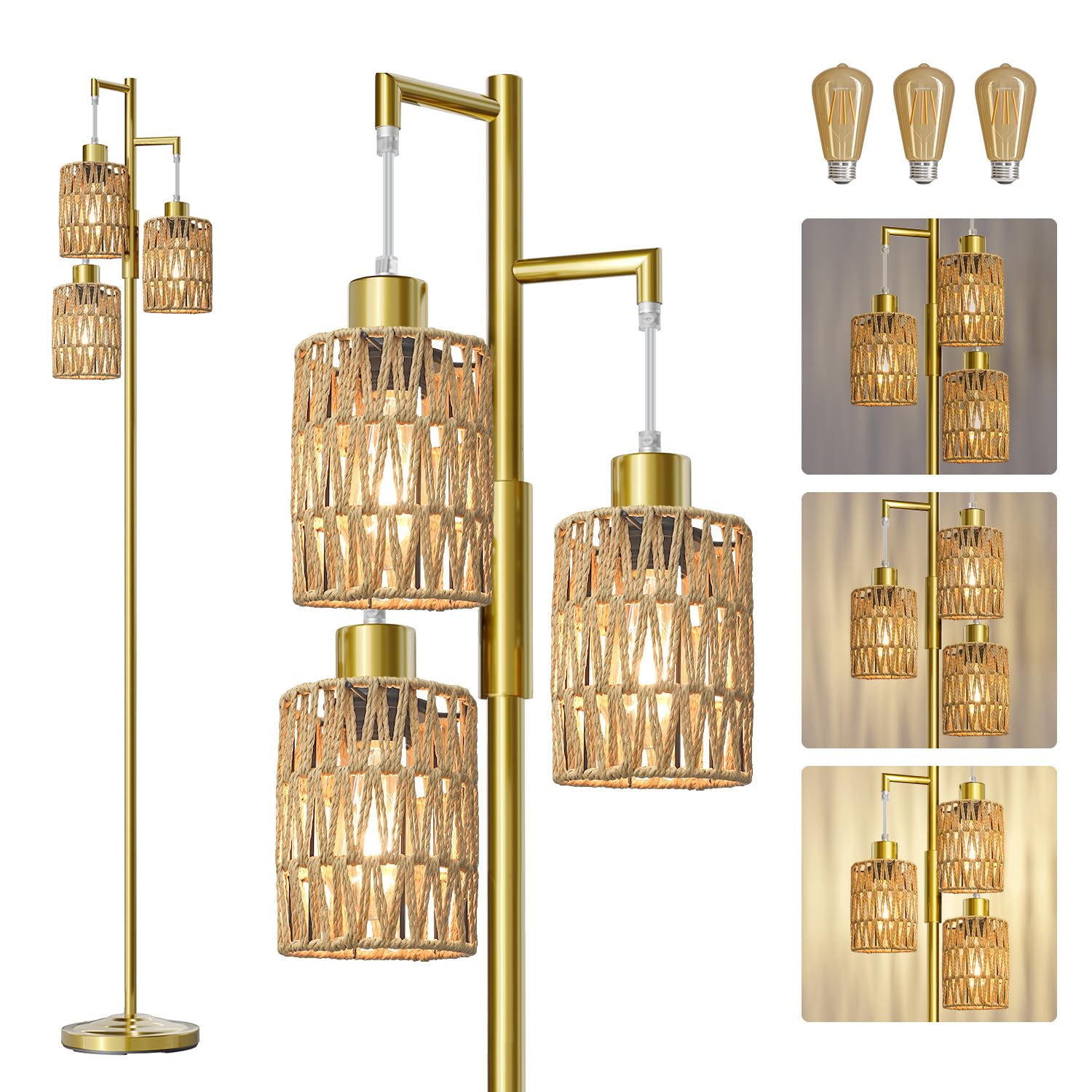 Oneach 70in Stepless Dimmable Floor Lamp, Metal Boho Tree Lamp with 3 Bulbs, Gold-Rattan, Model AMZ-F1175GL-3