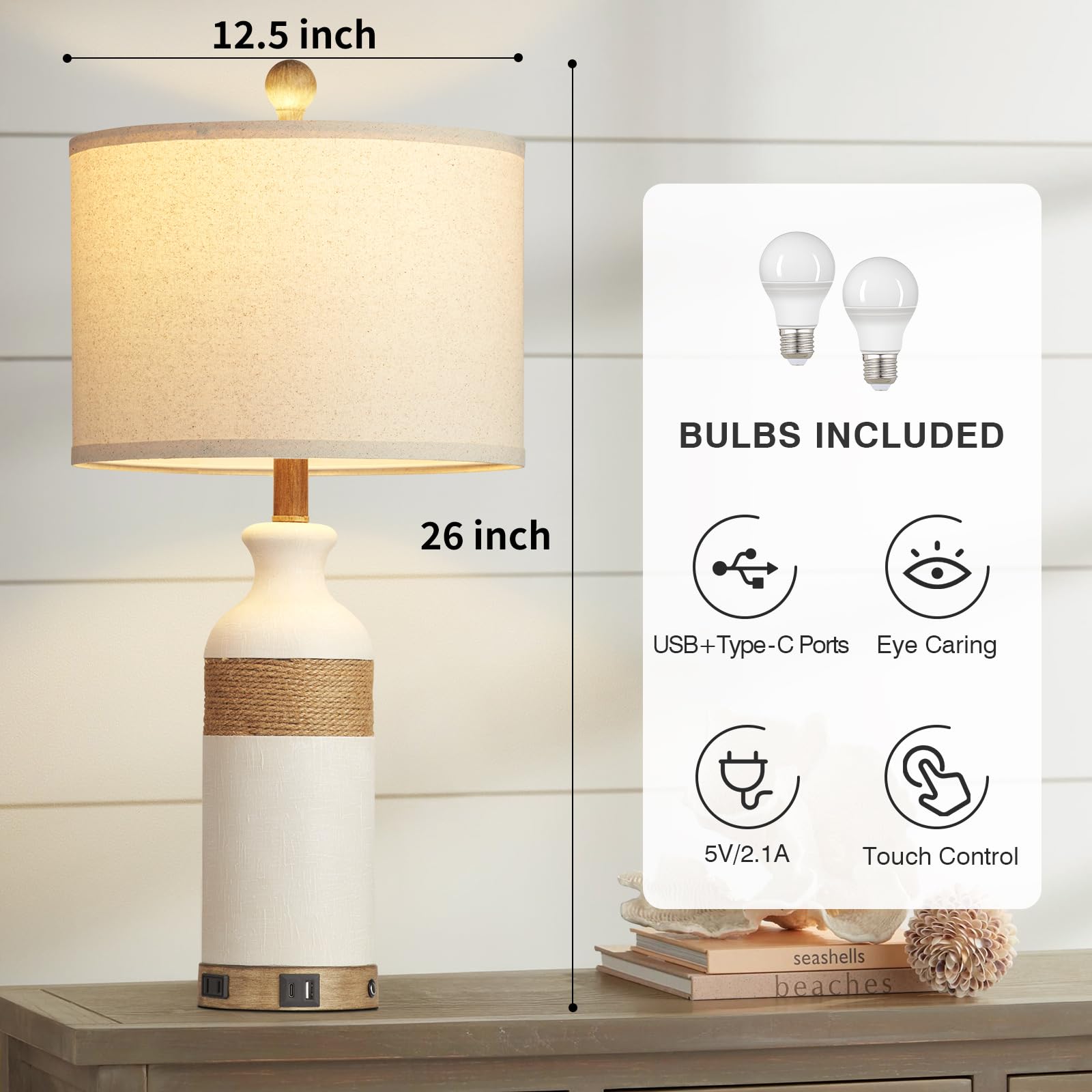 Cinkeda Boho Rattan Table Lamps Set Of 2 With Usb Ports, 3-Way Touch Control, Vintage Design