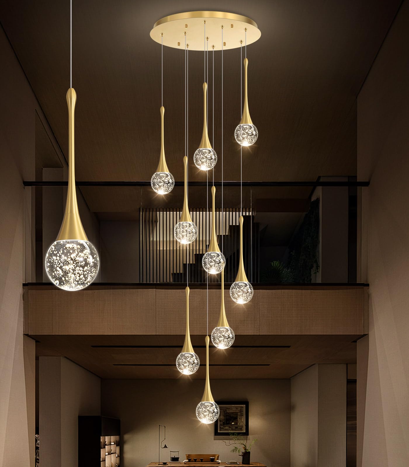 9 Light Modern Glam Crystal Chandelier For High Ceiling Led Dimmable Ceiling Pendant Light Staircase Foyer Enterway Living Room Chandelier Lighting Antique Gold
