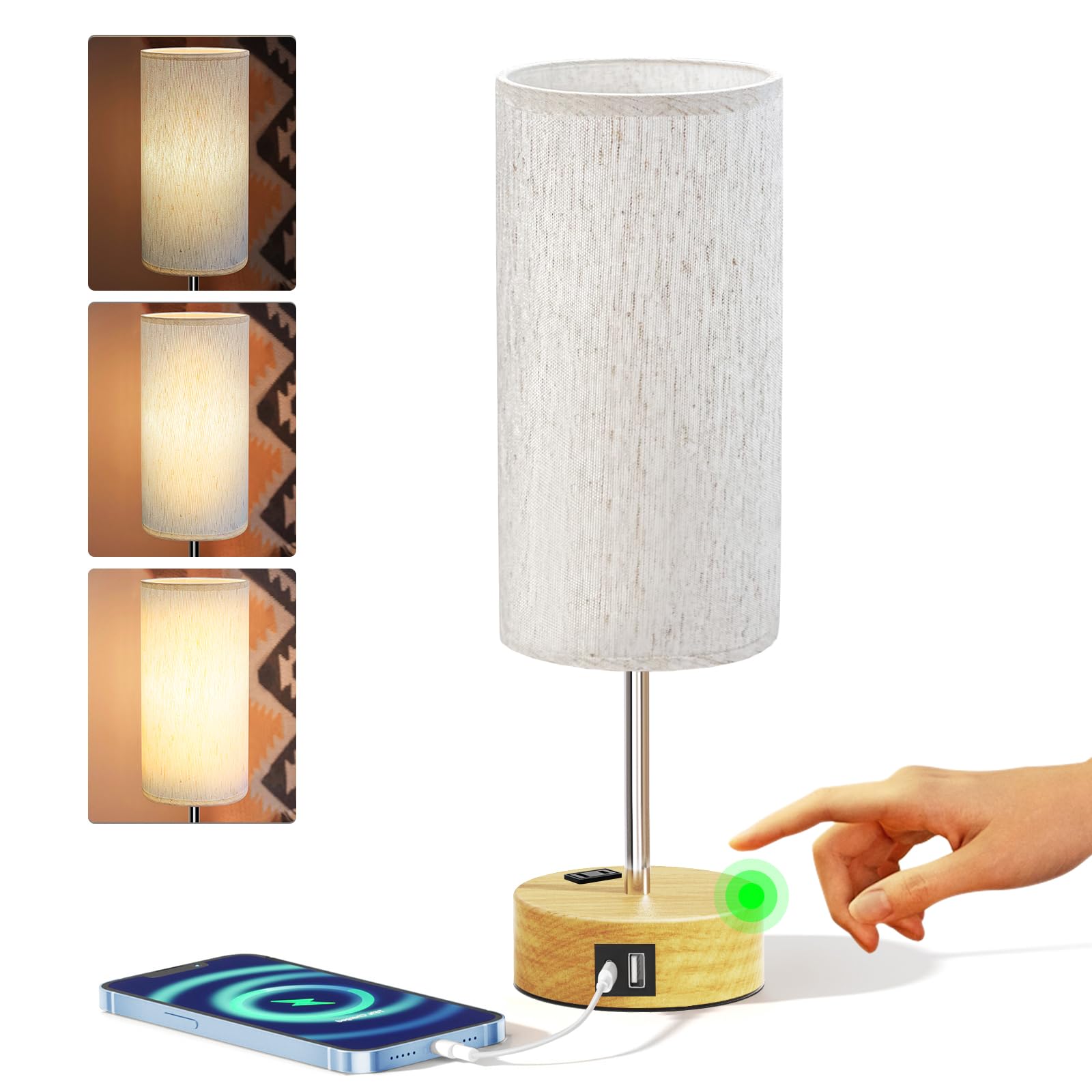 KPQ Small Touch Control Table Lamp with USB Ports, 3-Way Dimmable, Beige Shade-Wood Base, 14in