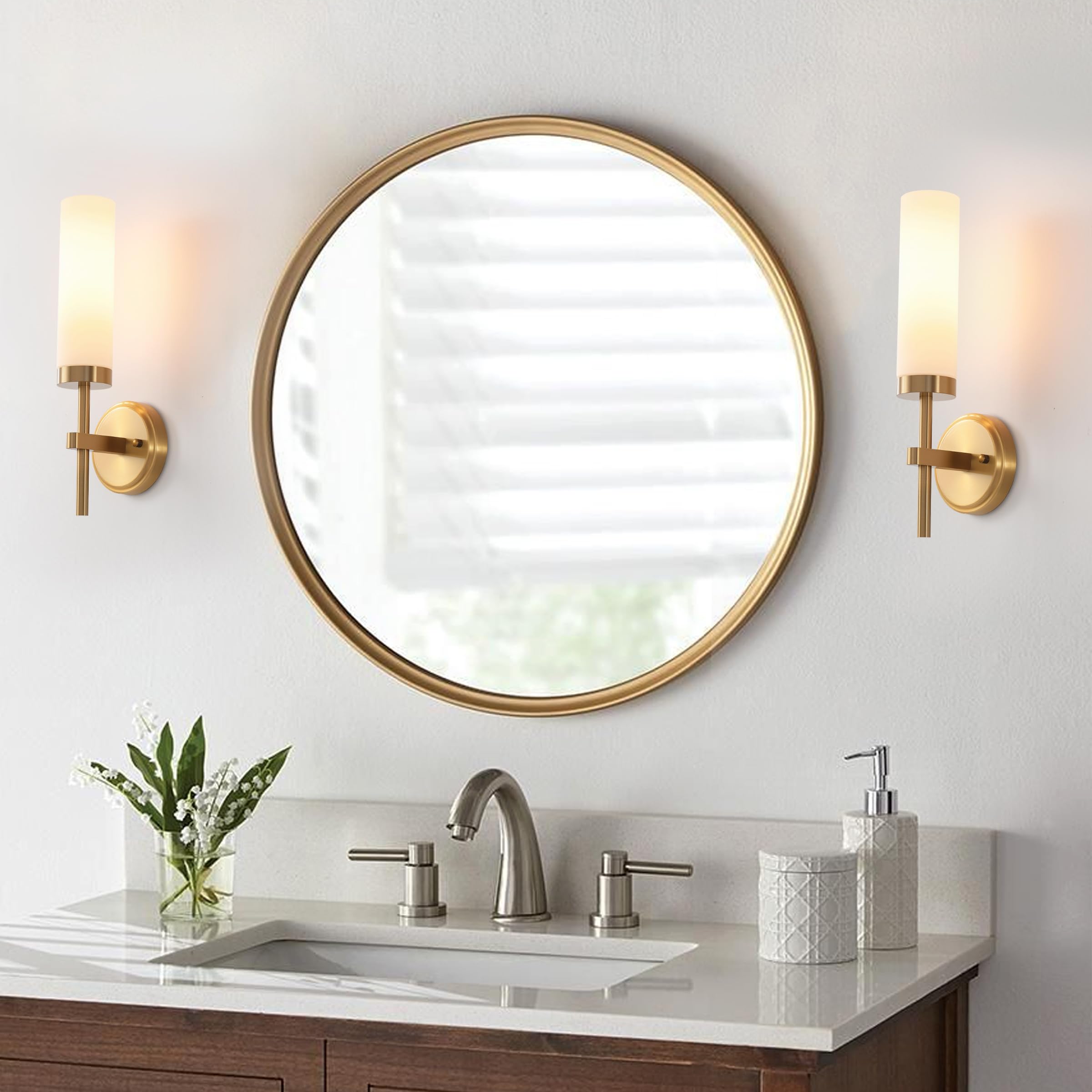 KUZZULL Wall Sconces Set of Two, Brass Gold Iron Fixtures with White Glass for Bathroom, Living Room, Hallway, Bedroom