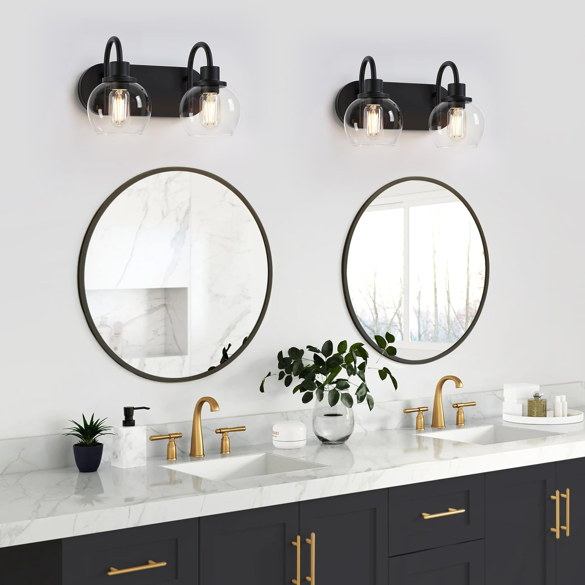 Dpyrrhic 2-Light Bathroom Vanity Light, Matte Black Metal Fixture with Clear Glass Shade, Model JD-192