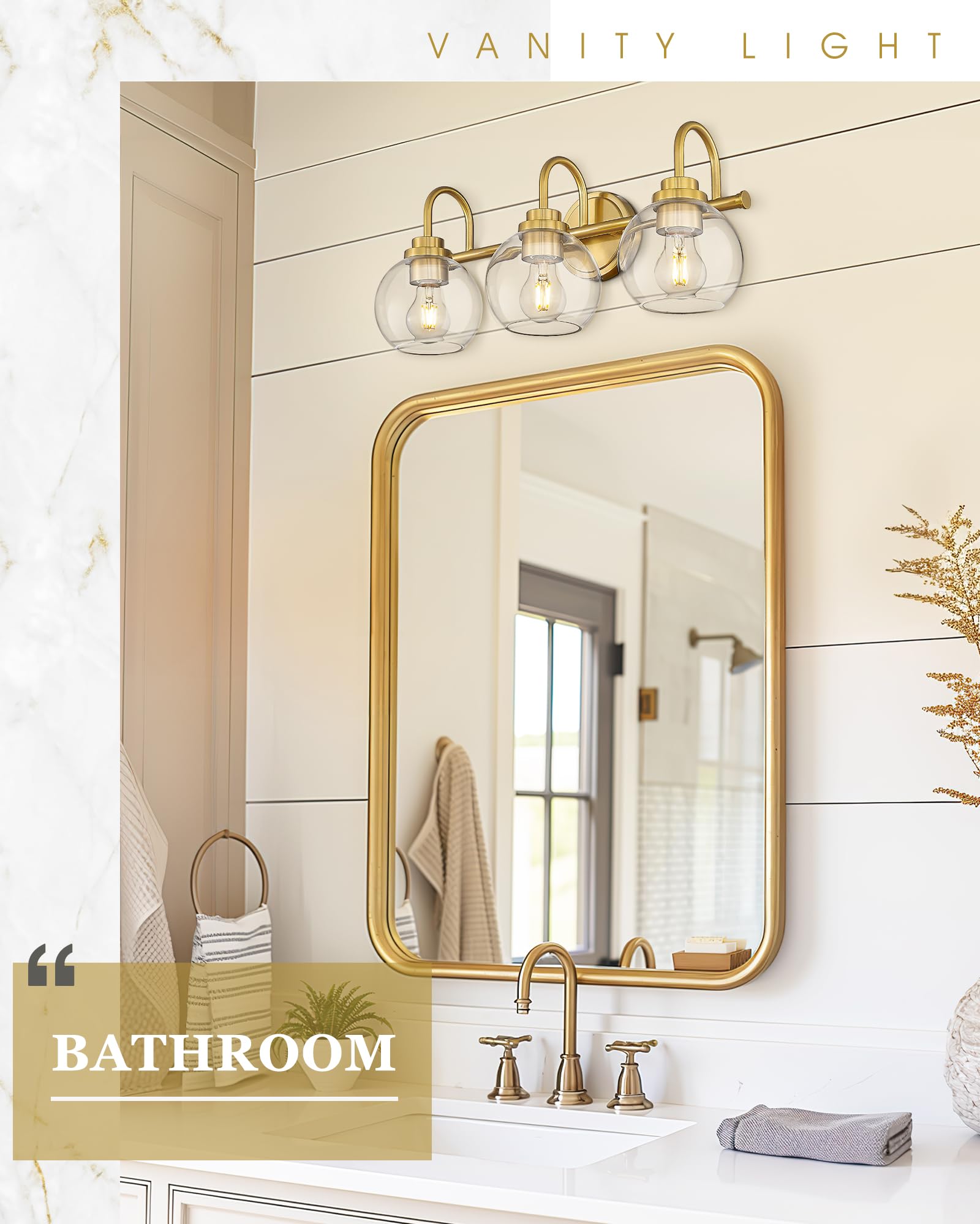 Audickic 3-Light Bathroom Light Fixtures, Brushed Gold Vanity Lighting with Clear Glass, Model AD-22280-3W-GD